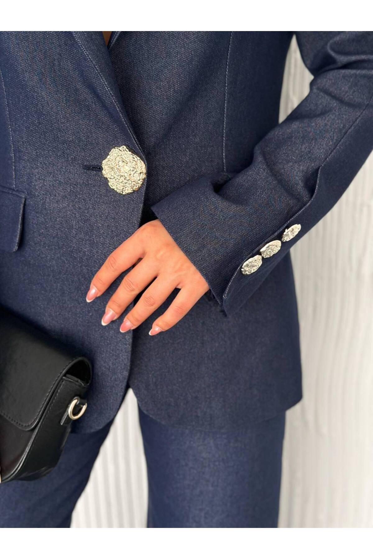 Stil Sepeti-Women's Navy Blue Denim Gold Button Detailed Double Pocket Blazer Jacket Tl- 100050183 5