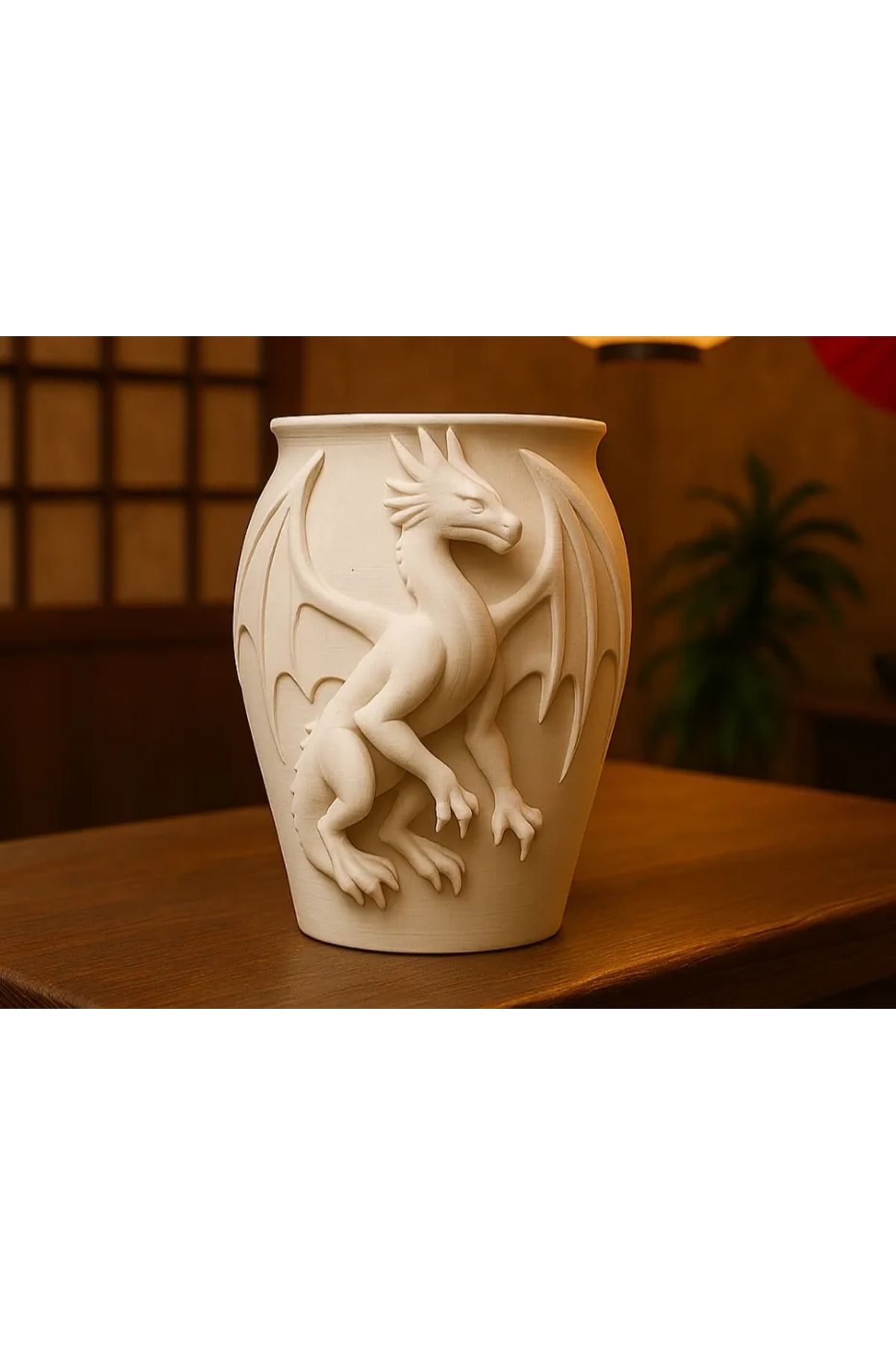 3DŞehri Ejderha Desenli Vazo | 18 CM | Beyaz