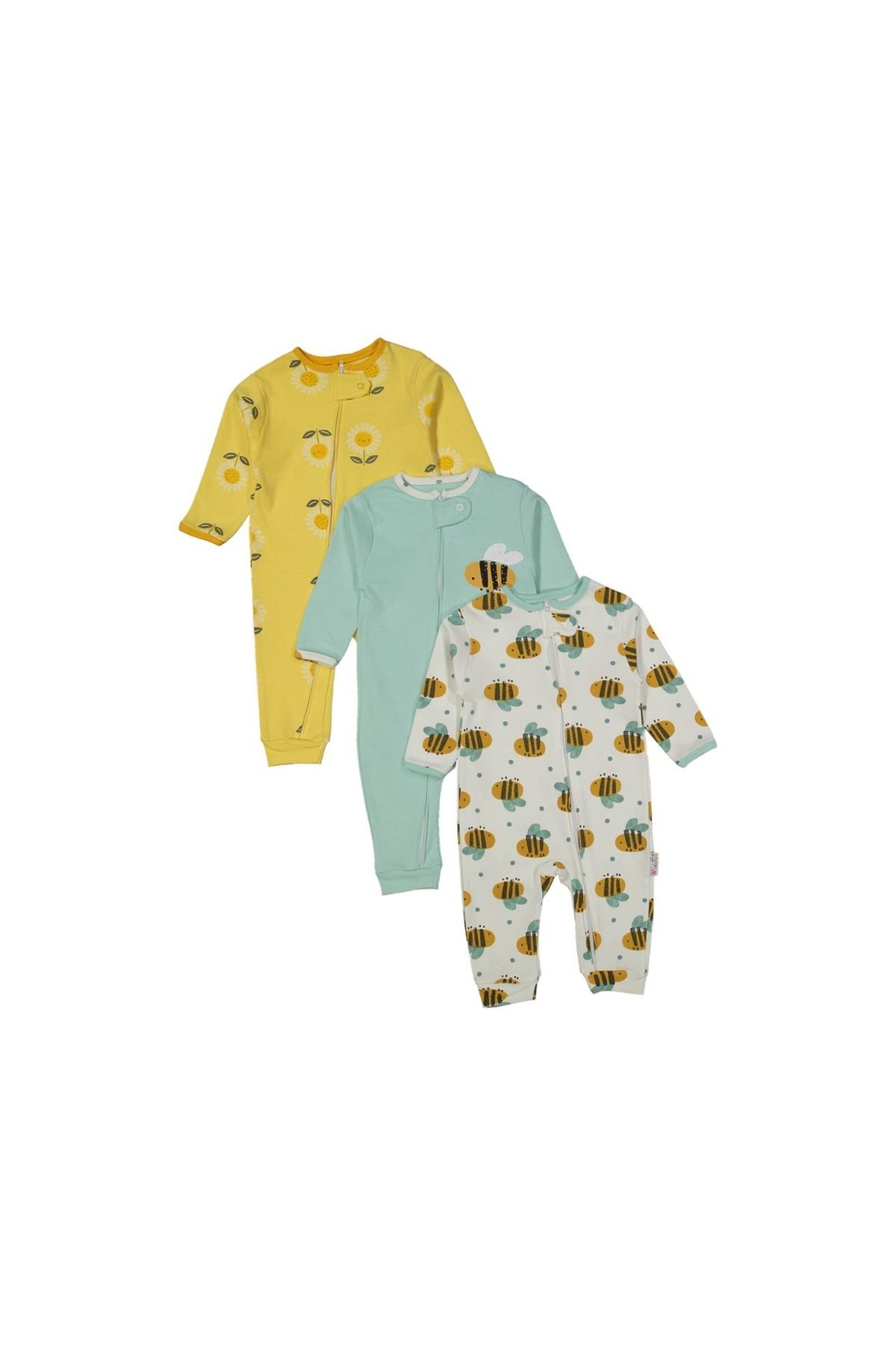 DEFNE LİNA BABY Kız Bebek Arı Temalı Fermuarlı 3lü Tulum 9-12-18 ay 3'lü Pamuklu 3 Parça