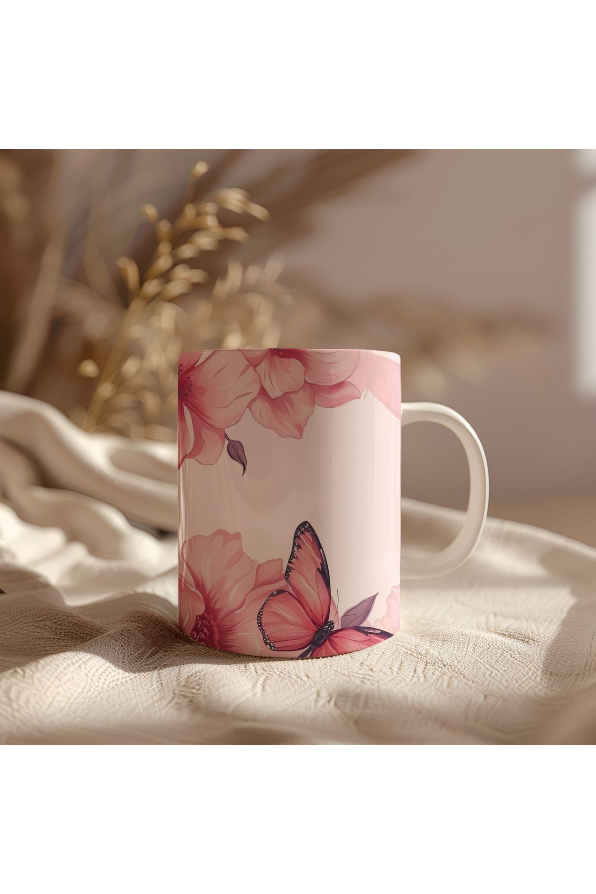 waspandhornet Pembe Kelebek ve Çiçek Desenli Kupa
