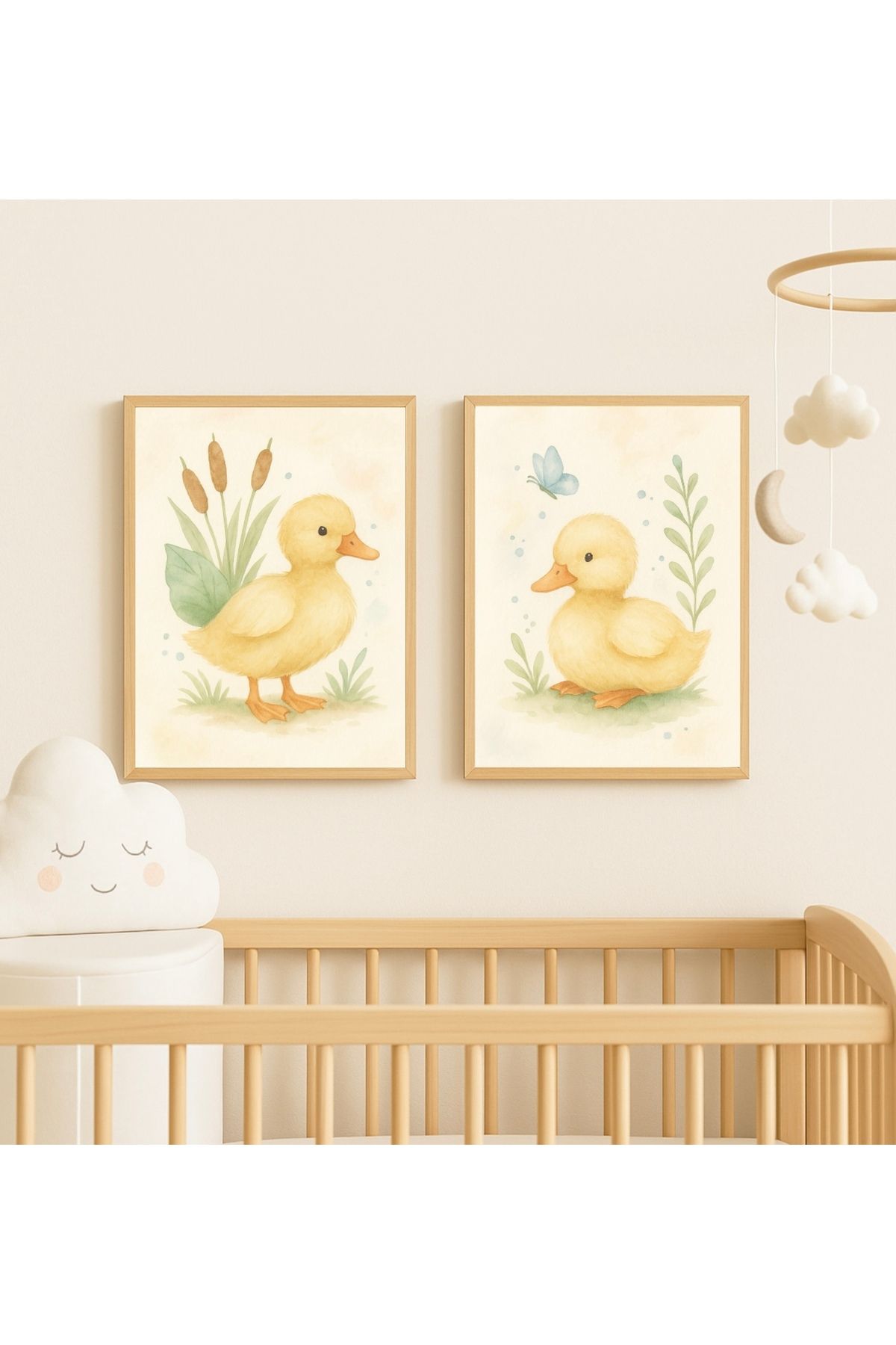 For Art Atölye Sevimli Ördek Temalı, Dijital Baskı Ahşap Çerçeveli Bebek ve Çocuk Odası 2’li Tablo Seti