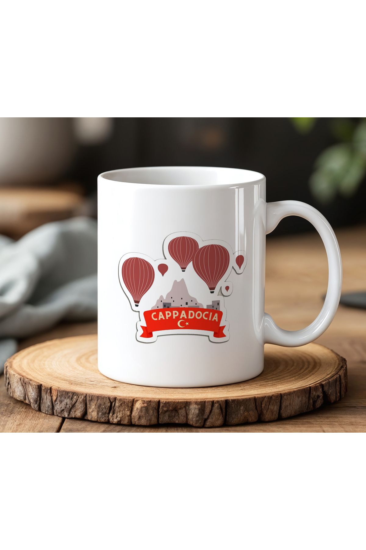 BB TRADE Cappadocia Sticker Tasarımlı Beyaz Seramik Baskılı Kupa Bardak 330ml