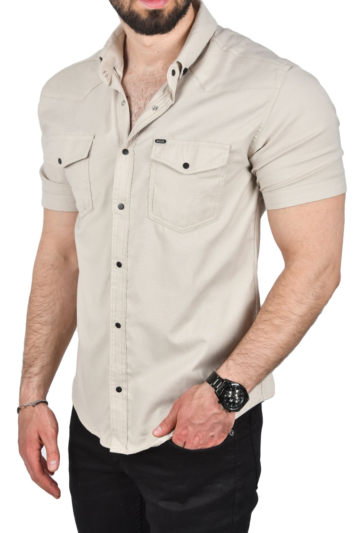 Rizz up Erkek Bej Slim Fit Pamuklu Likralı Kısa Kol Gömlek Kolay Ütülenebilir Çıt Çıtlı Cepli Spor Gömlek 24