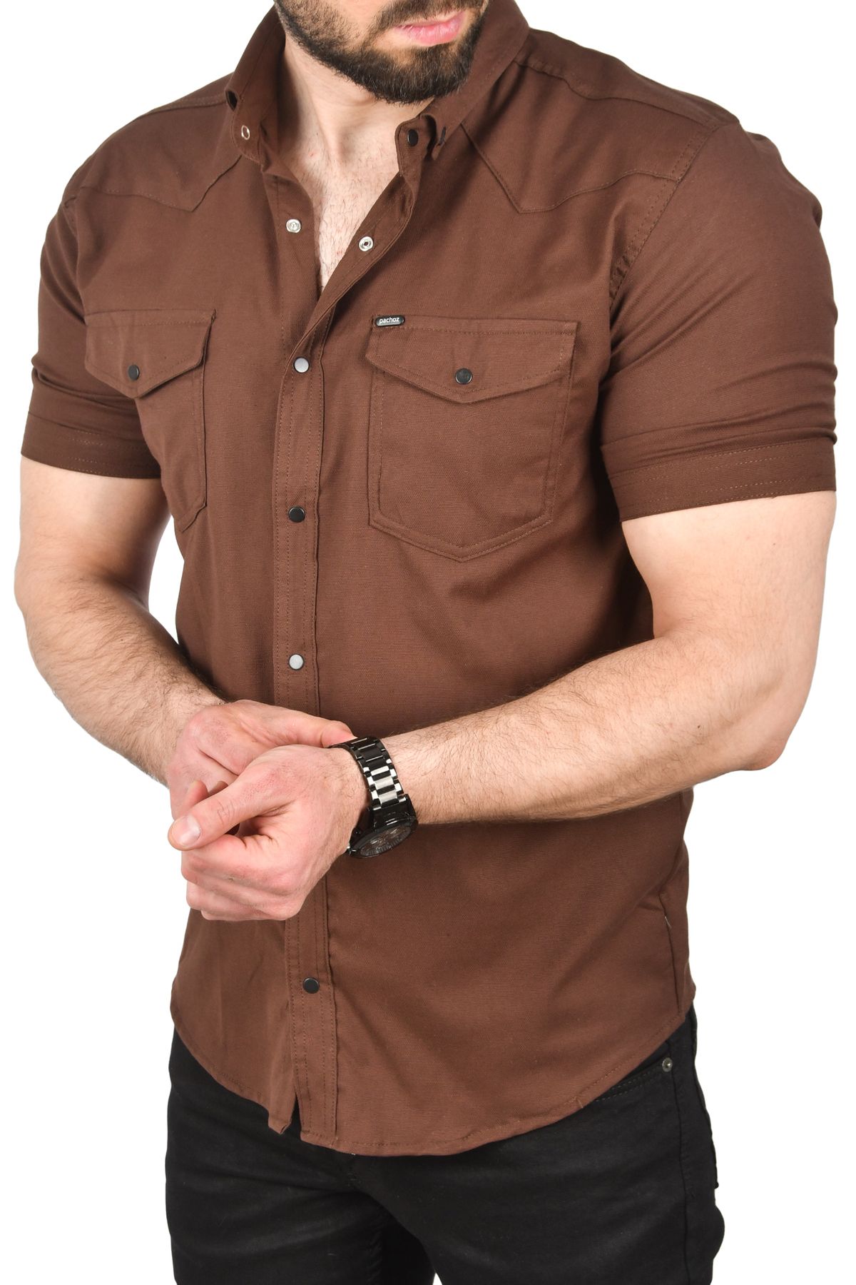 Rizz up Erkek Kahve Slim Fit Pamuklu Likralı Kısa Kol Gömlek Kolay Ütülenebilir Çıt Çıtlı Cepli Spor Gömlek