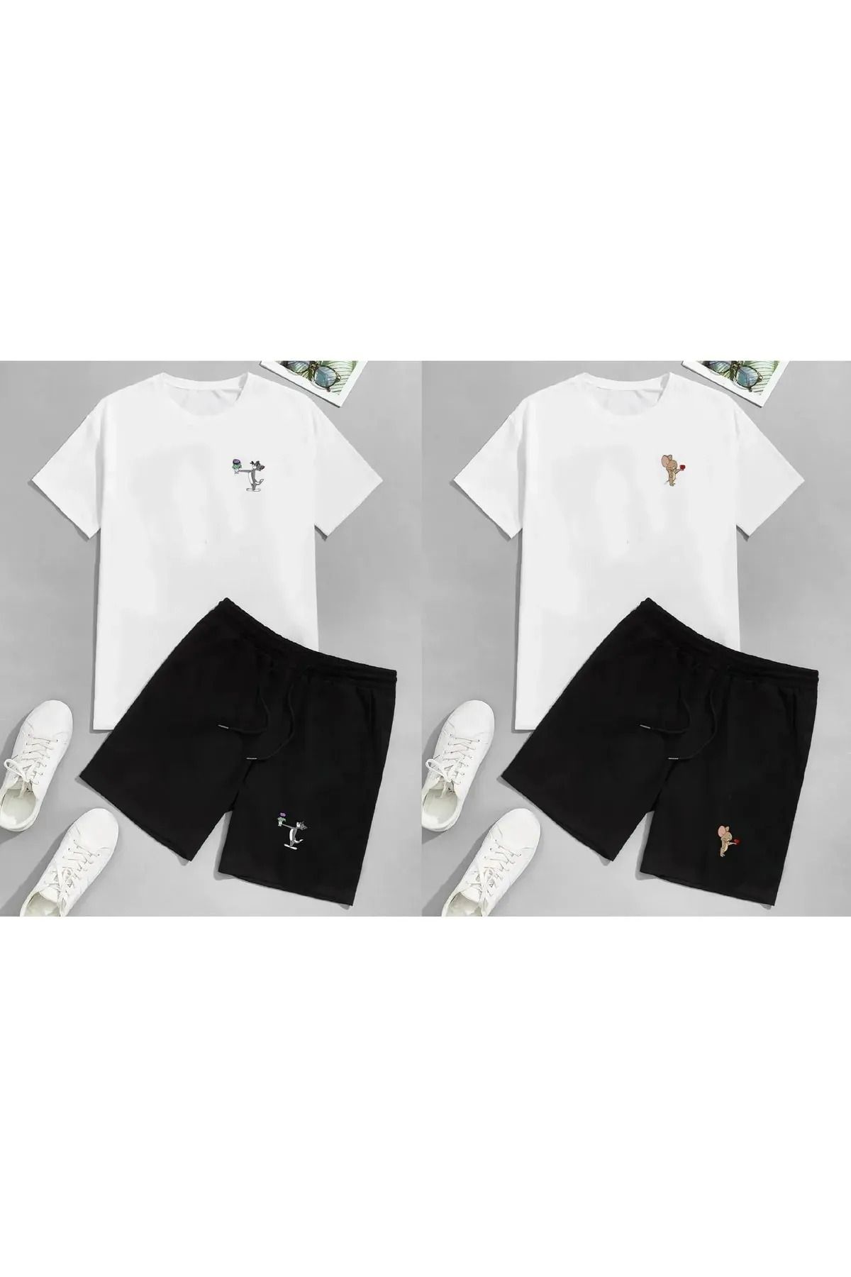 FeaR LeeS Unisex Tom & Jerry Baskılı Sevgili Çift Kombini Oversize T-shirt & Şort Paketi 2 Takım