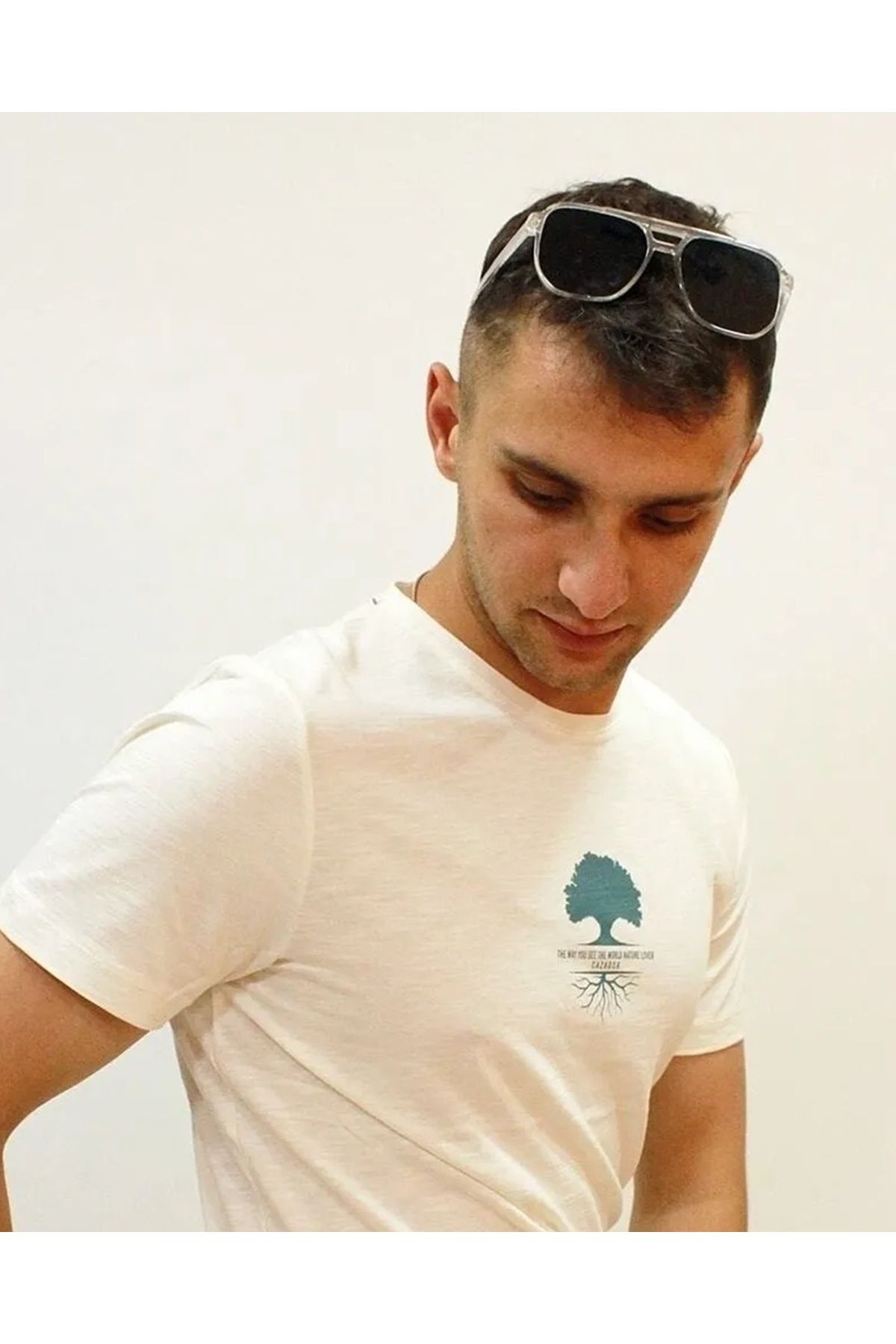 Cazador Erkek Cazador % 100 Flamlı Pamuk Ön Baskılı Bisiklet Yaka T-Şhirt 4170 Ekru