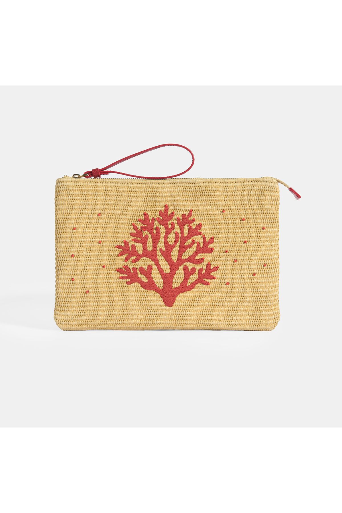 Desa Kırmızı Mercan Nakışlı Hasır Clutch