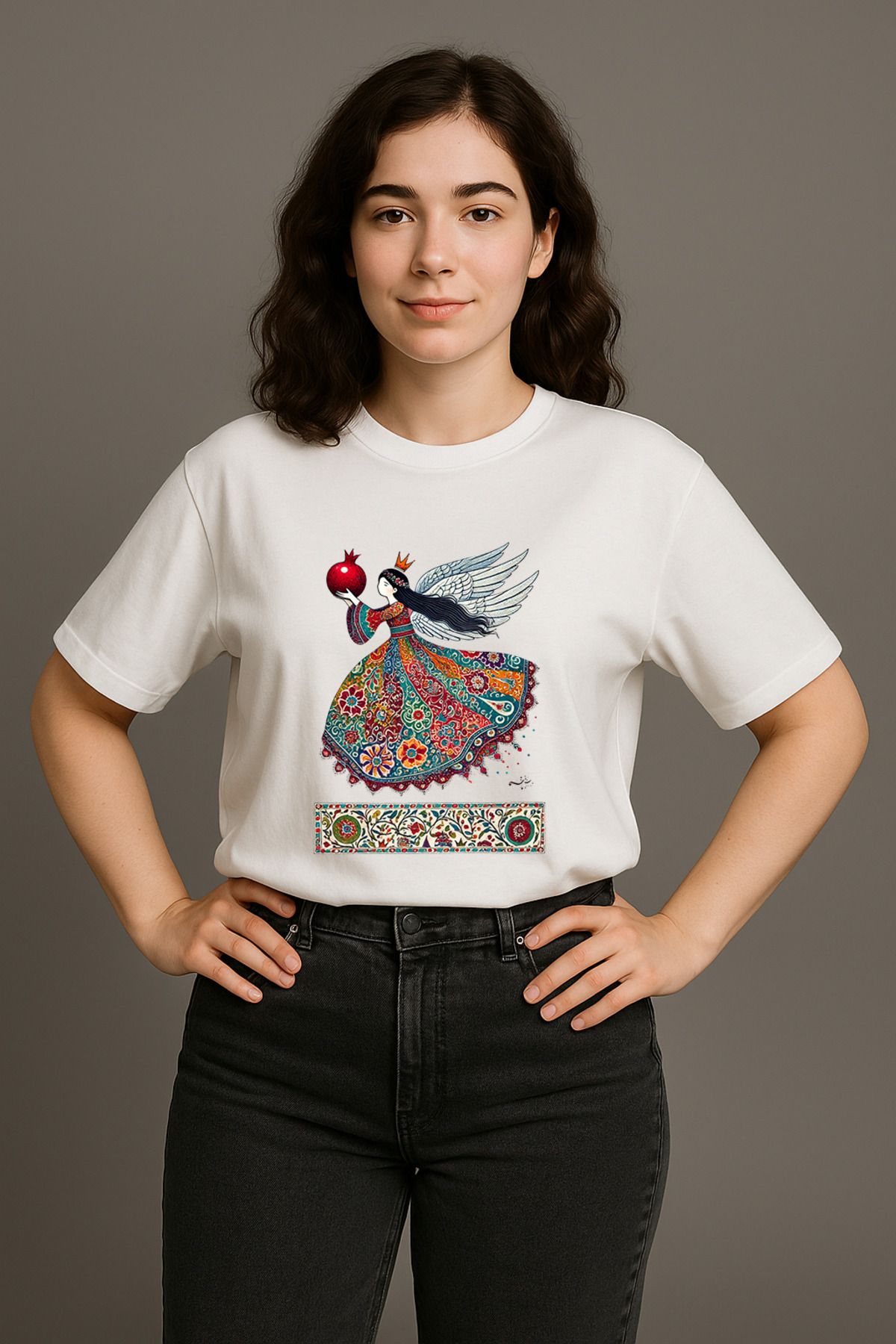 wolka Nar Tutan Melek Minyatürü Baskılı Unisex %100 Pamuk Oversize Bisiklet Yaka Beyaz T-shirt
