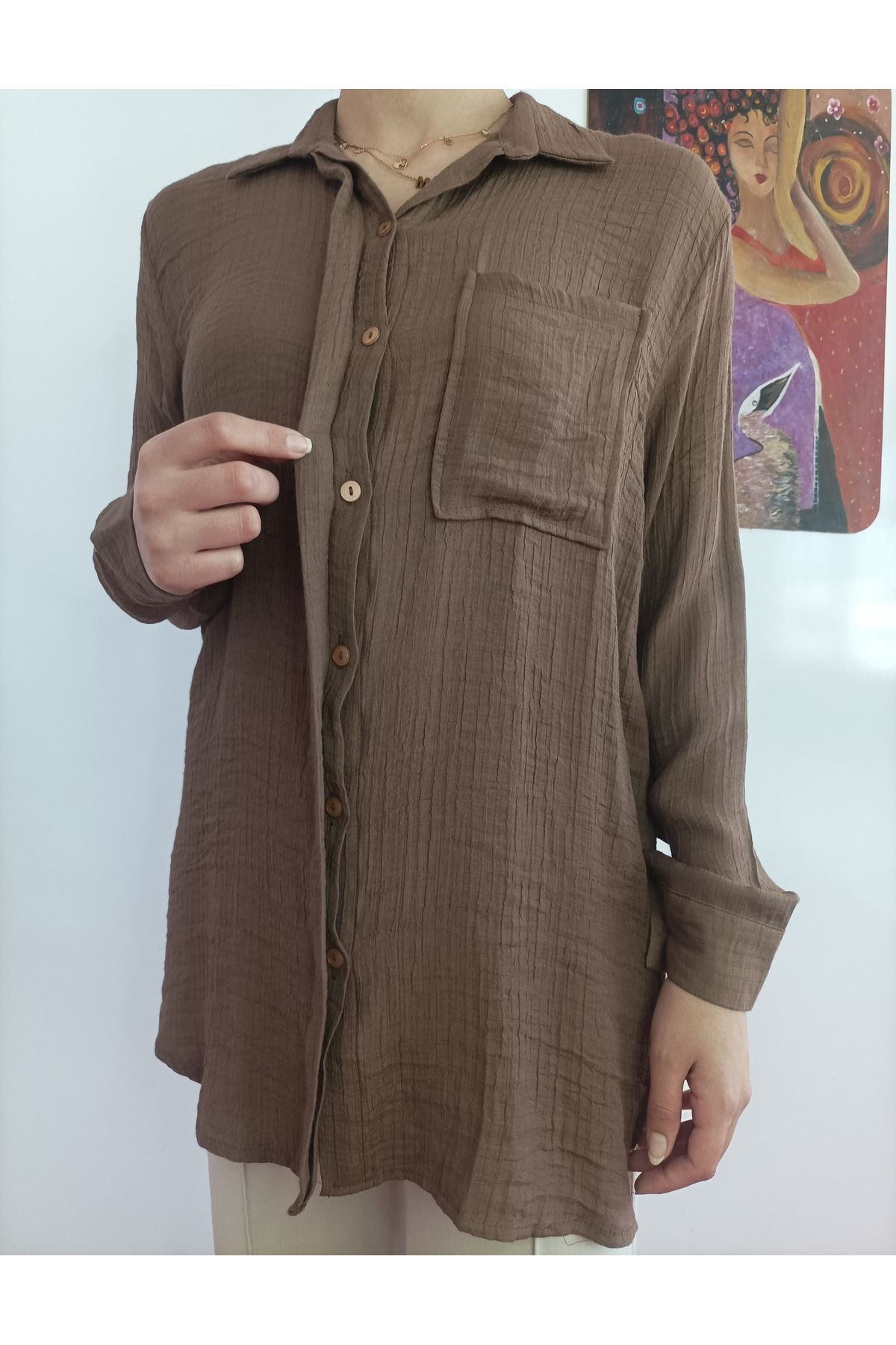 ŞIK VE MUTLU Müslin Keten Oversize Kadın Gömlek