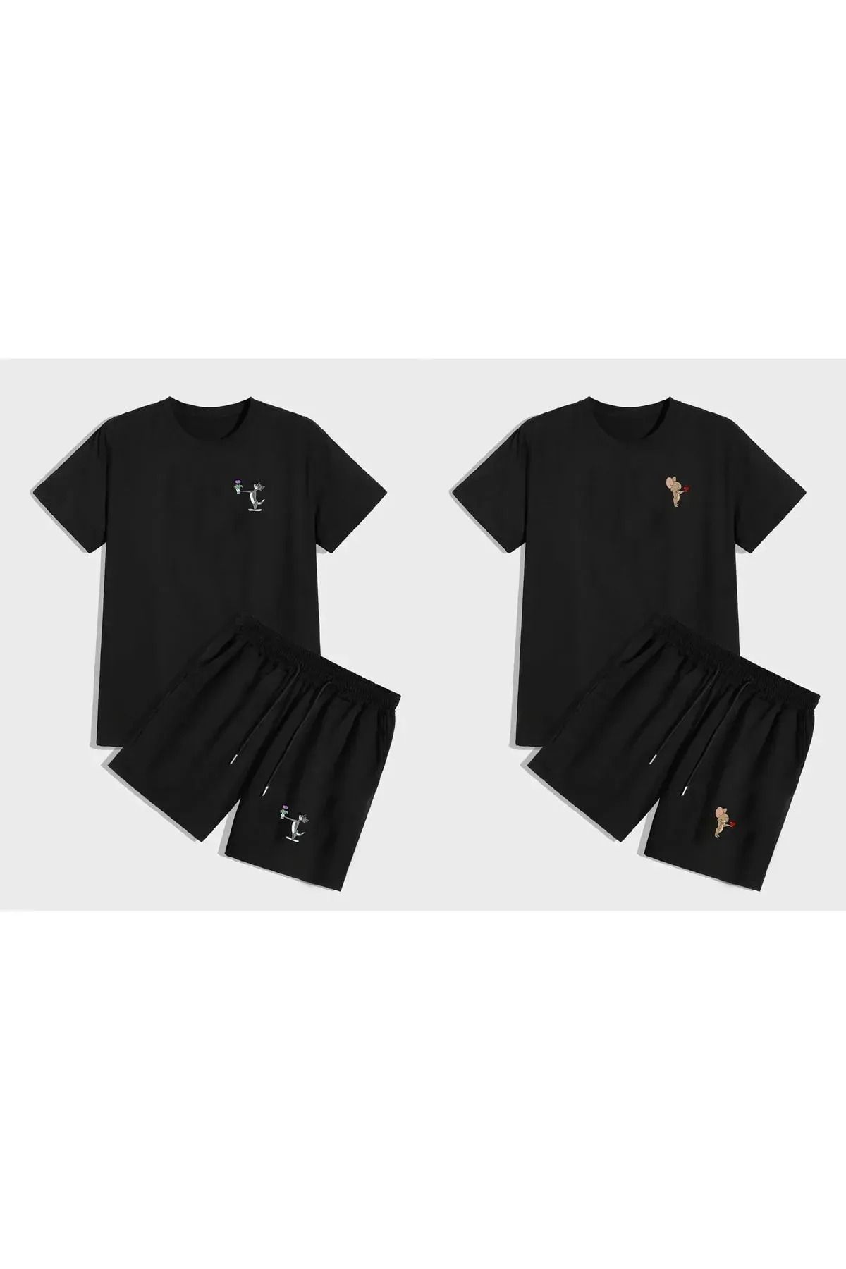 FeaR LeeS Unisex Tom & Jerry Baskılı Sevgili Çift Kombini Oversize T-shirt & Şort Paketi 2 Takım
