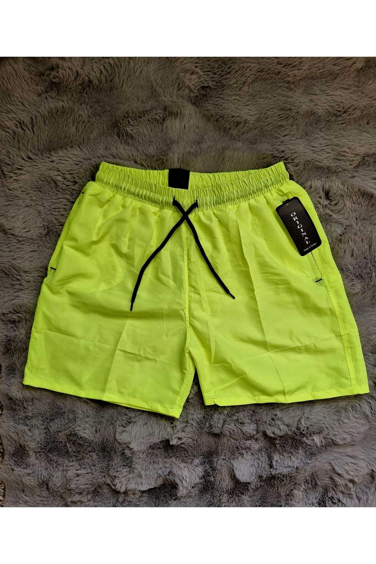 yenteks Neon Yeşil Basic Standart Boy Mayo Cepli Erkek Deniz Şortu