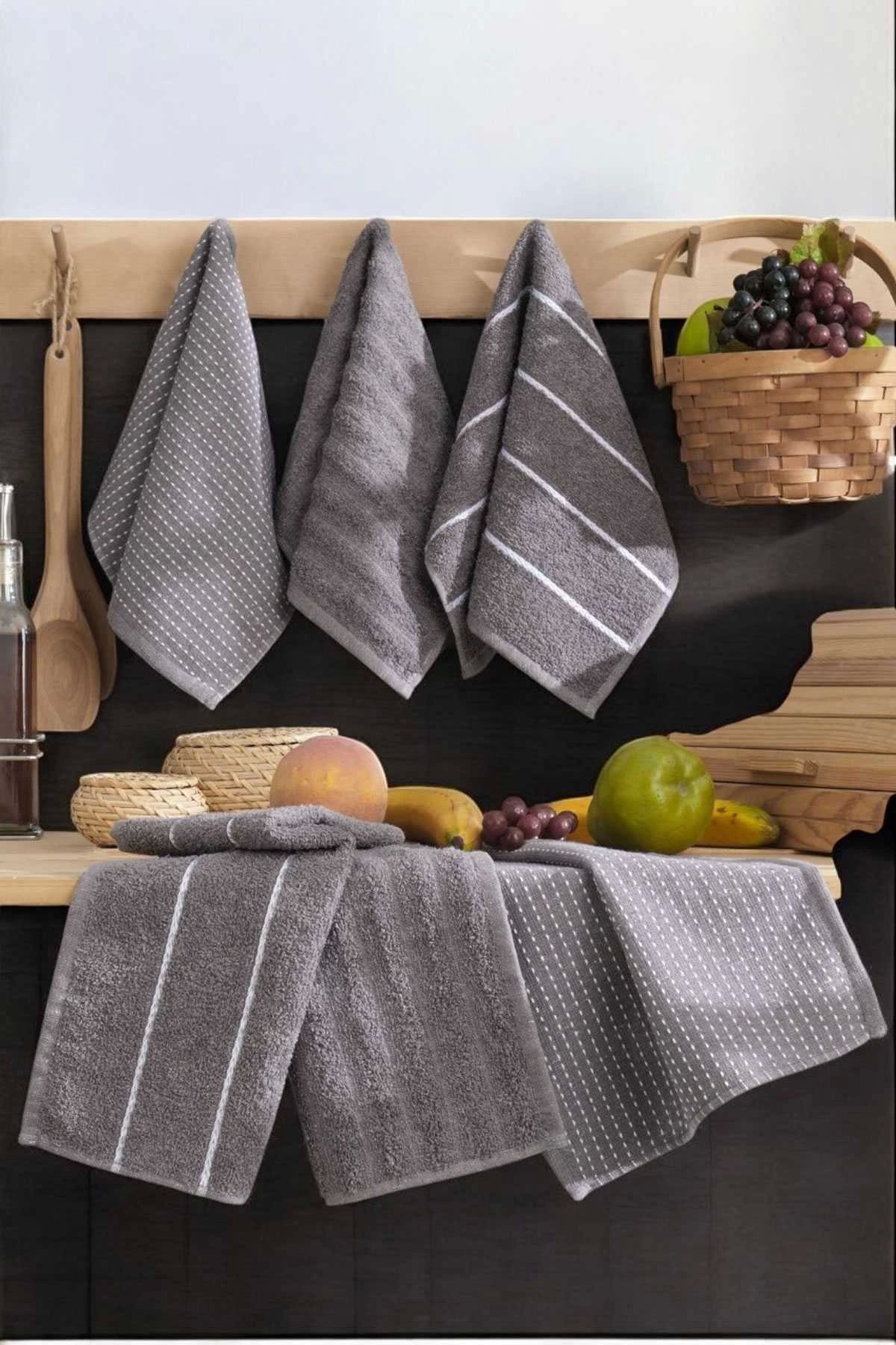 Mira Home 6 lı Luna Naturel Mutfak Havlu Seti %100 Pamuklu 30X50 Cm Antrasit