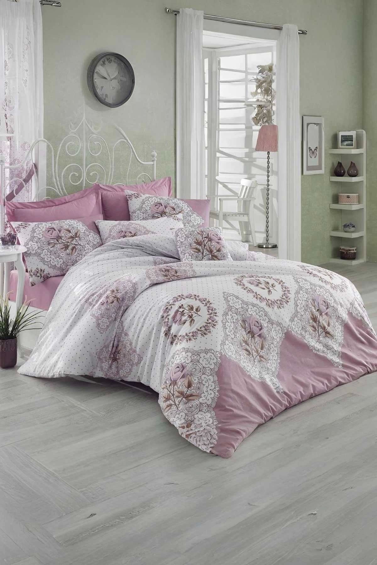 Mira Home Çift Kişilik Ranforce Nevresim Takımı %100 Pamuklu Şimal Pembe