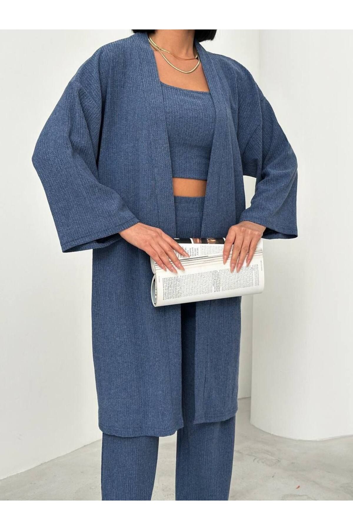 alenmoda kadın Zera kumaş 3’lü kimono takımı
