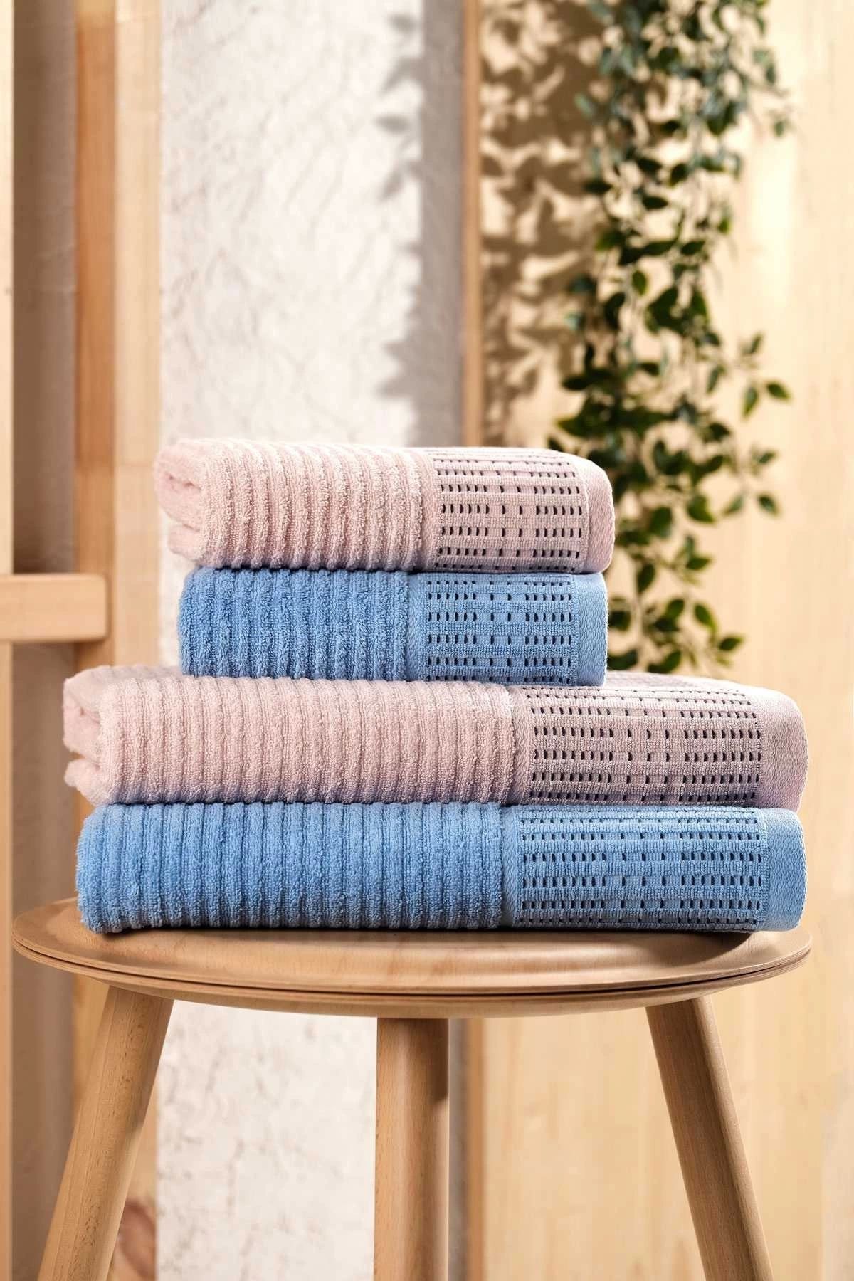 Mira Home 4 Parça Büyük Boy Banyo Havlu Takımı %100 Pamuklu Marena Mavi Pudra