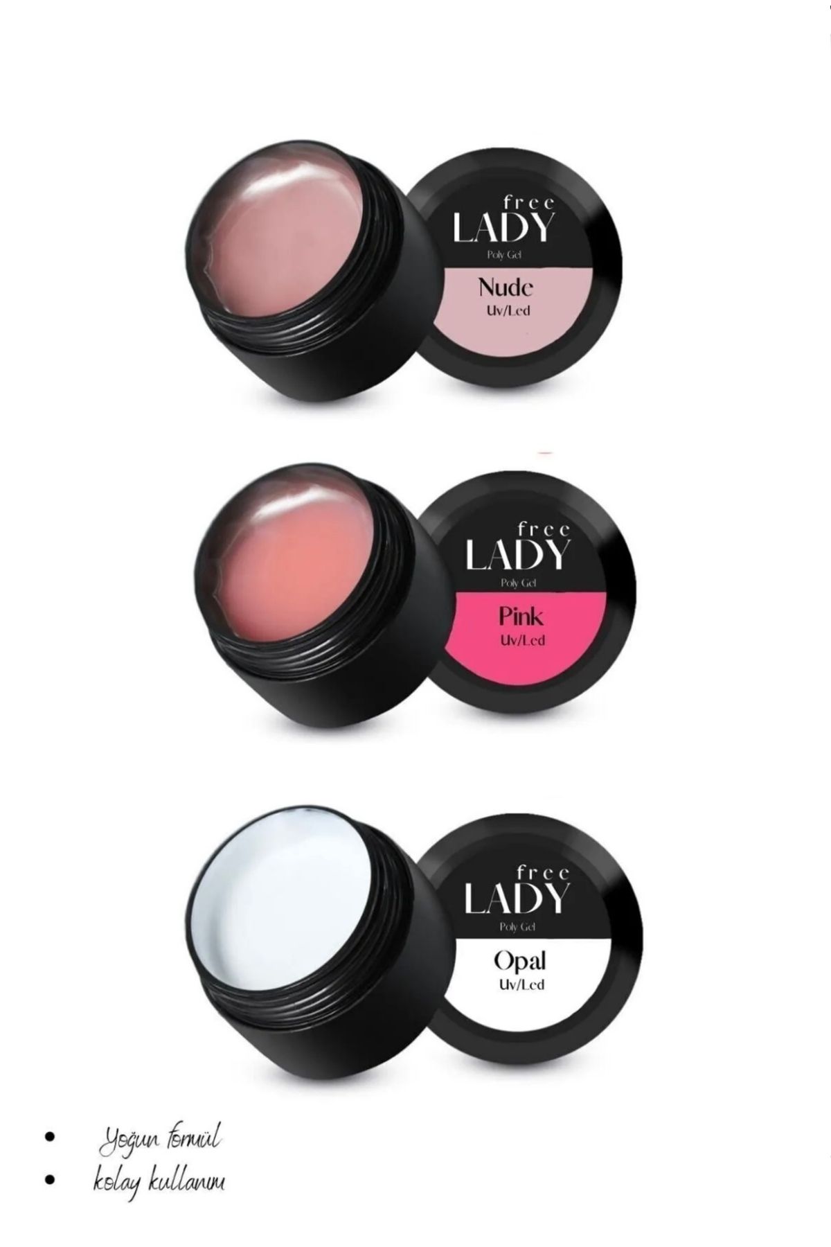 FREELADY Polygel 15ml x 3’lü Set - Protez Tırnak jeli Nude-Pink-Opal,Rakı beyazı