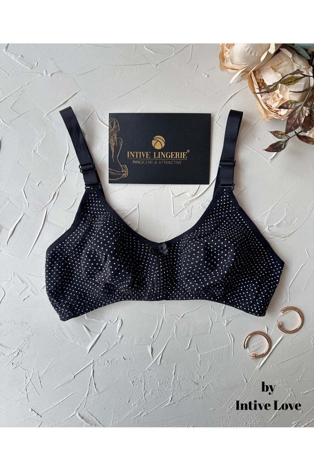 İntive Lingerie Liza Puantiye Desenli Pamuklu Penye Kalın Askılı Toparlayıcı Balensiz Desteksiz Rahat Sütyen