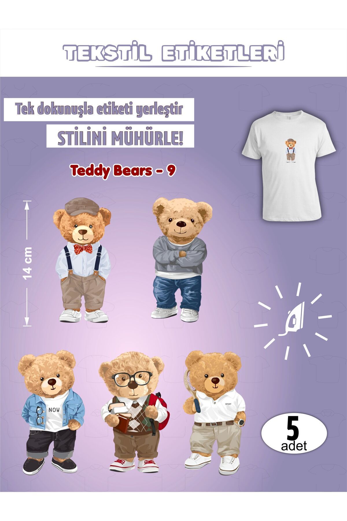 AGG Reklam Ütü ile Yapışan Kıyafet Etiketi Teddy Bears-9 5Li Set