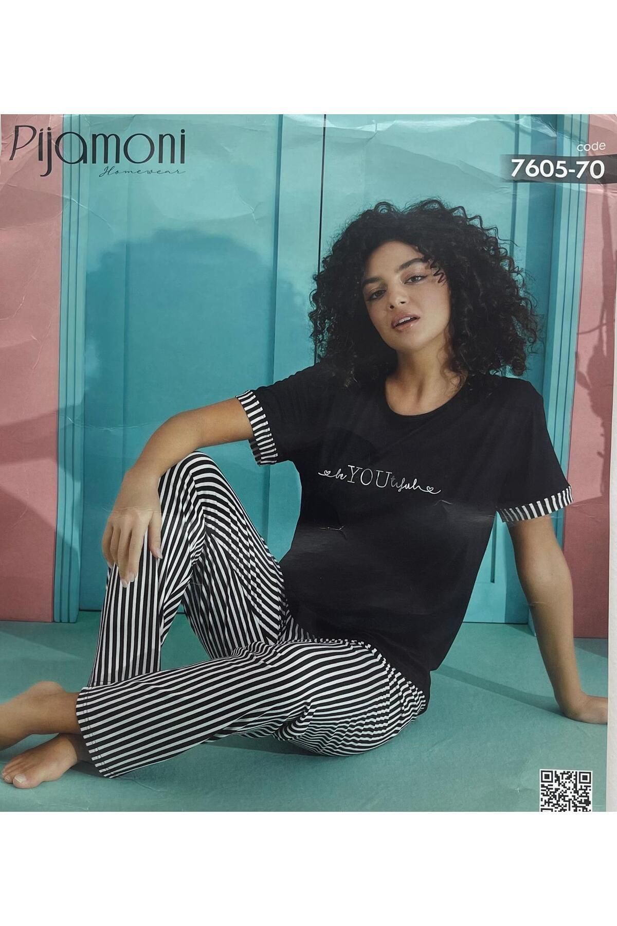 Pijamoni ALTI ÇİZGİLİ SİYAH MİLAN KUMAŞ PİJAMA TAKIMI