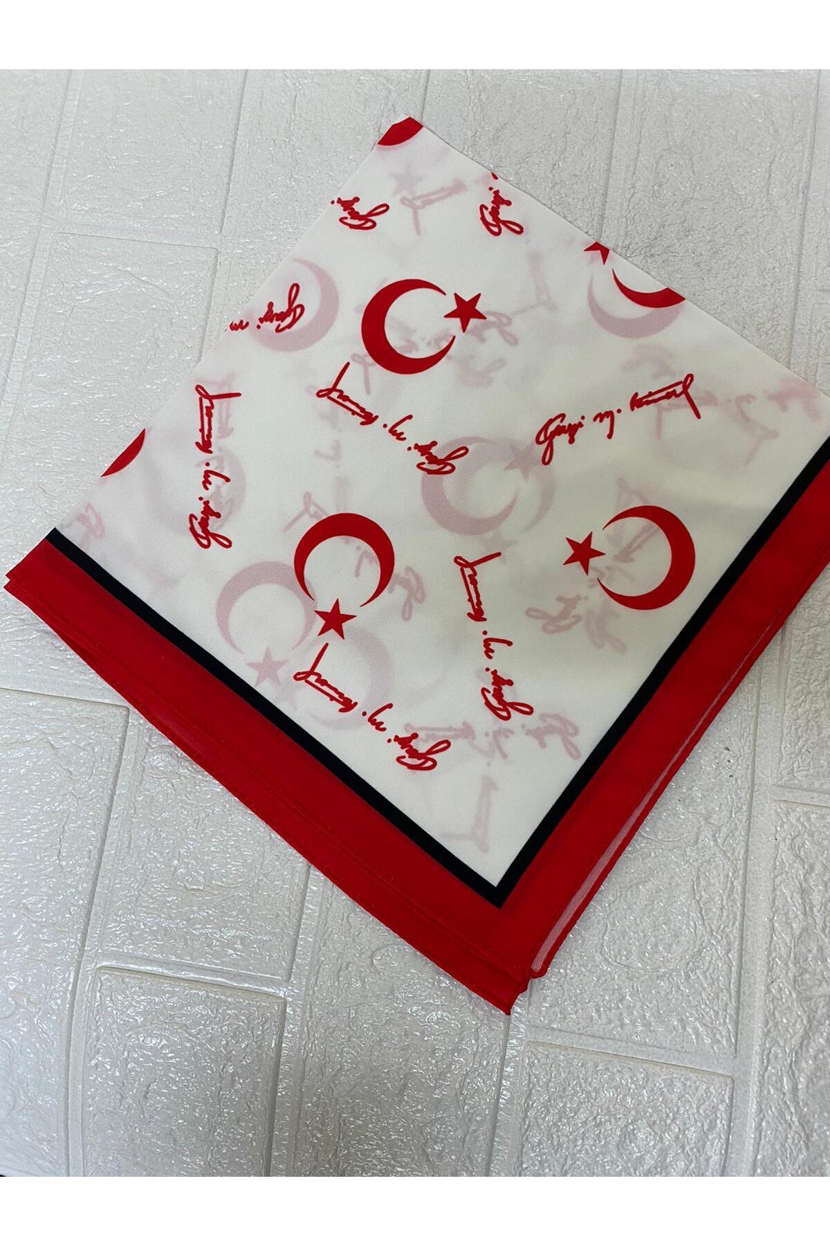 sema aksesuar-White Crescent Star Turkish Flag Gazi M. Kemal Written Scarf - Bandana - 23 April, 29 October, 19 May 2