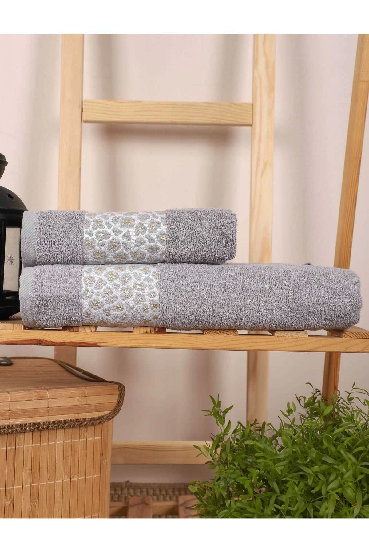 Mira Home 2 Parça %100 Pamuklu Banyo Havlu Seti Leopar Desen Gri