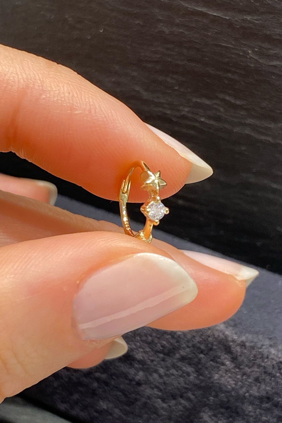 La femme by begum Taşsız Denizyıldızı Ve Yuvarlak Beyaz Tektaş Gold Gümüş Halka Piercing,helix,tragus, Kıkırdak Küpesi