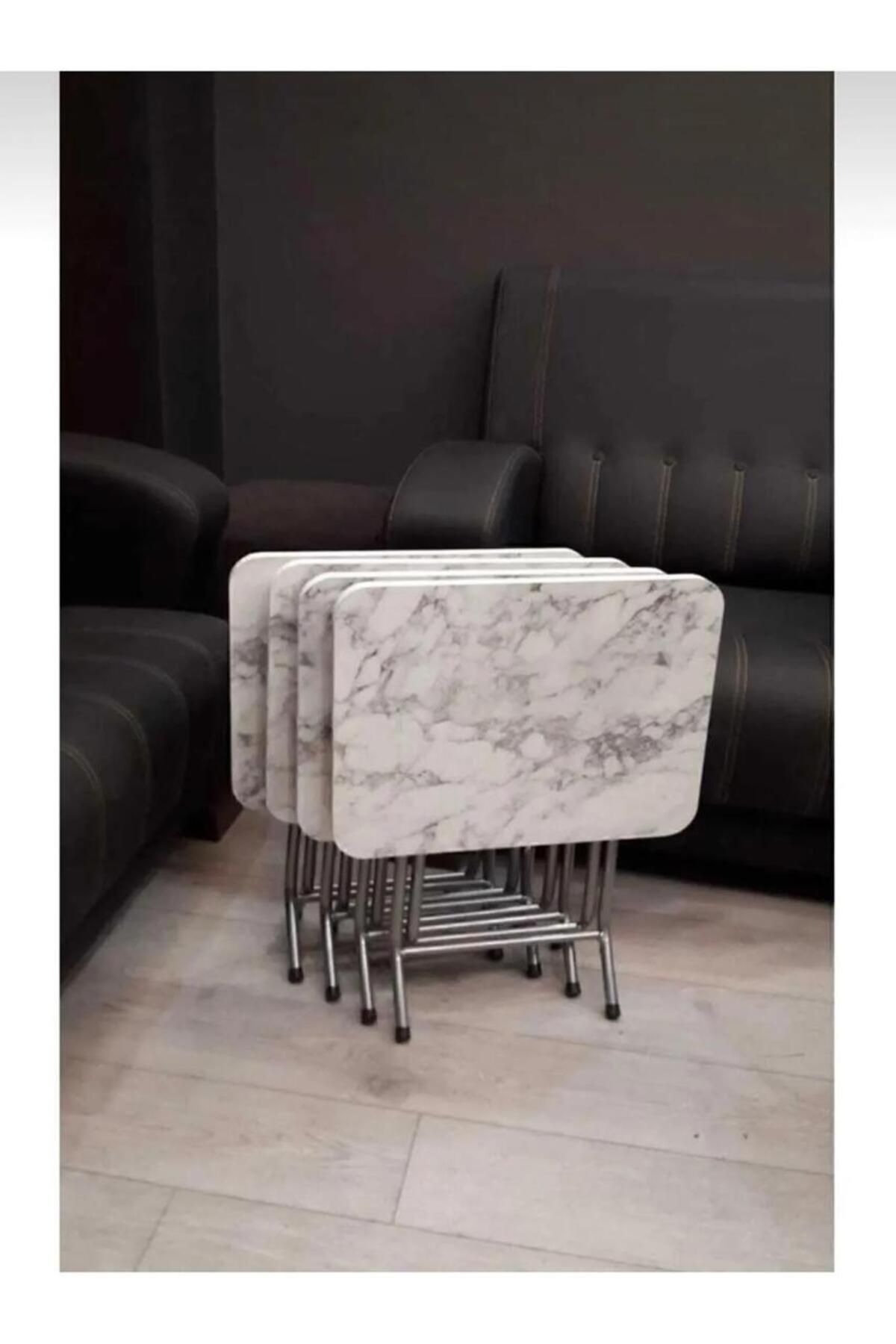 Can Vista Home Katlanabilir Barok Beyaz Mermer 4'lü Zigon Sehpa