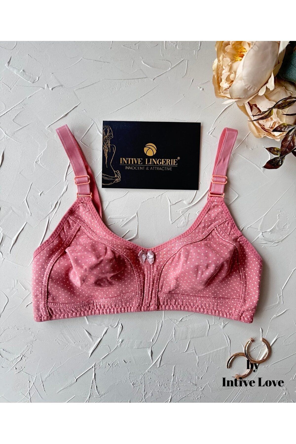 İntive Lingerie Liza Puantiye Desenli Pamuklu Penye Kalın Askılı Toparlayıcı Balensiz Desteksiz Rahat Sütyen