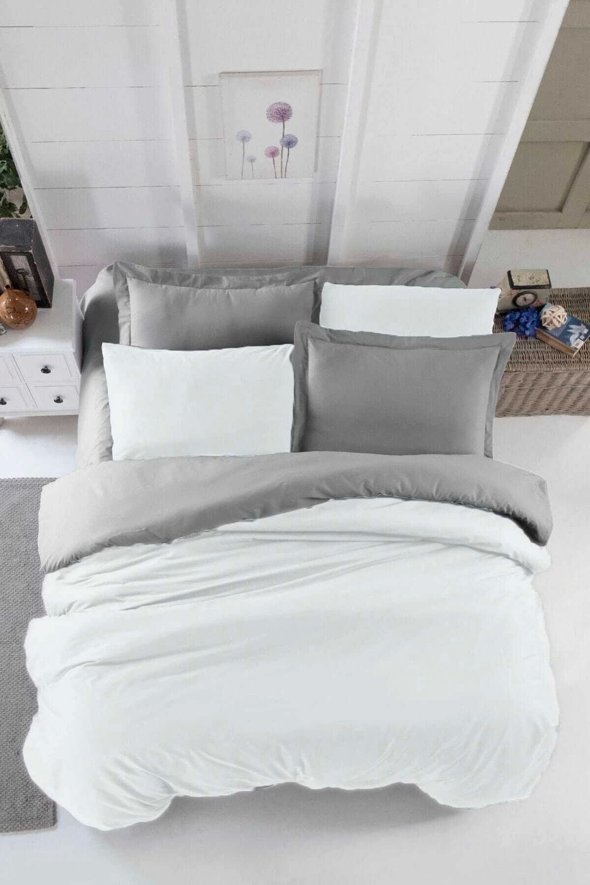 Mira Home Çift Kişilik Lastikli Çarşaflı Nevresim Takımı Pamuklu Four Season Beyaz Gri