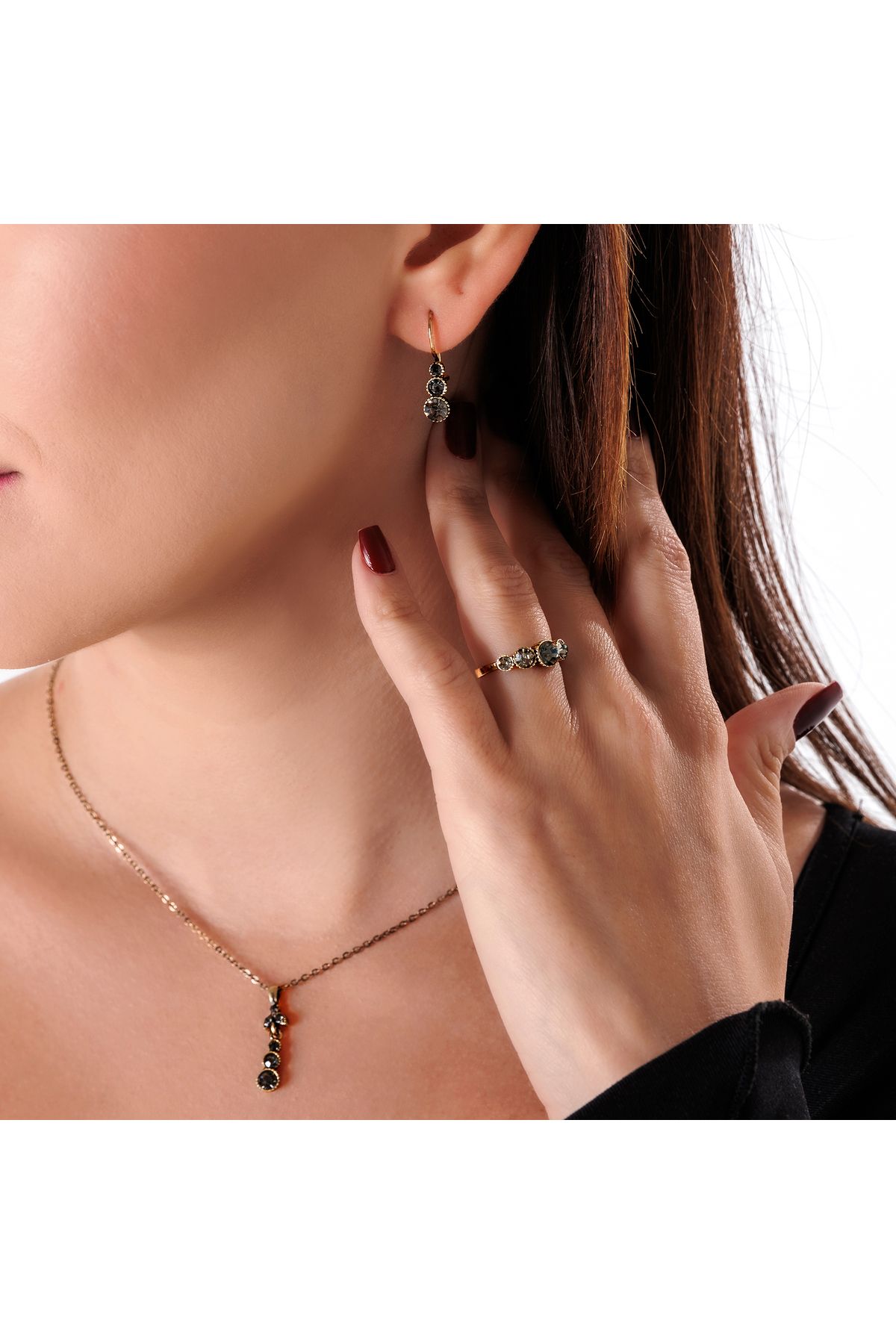 Atelier LEO Handmade Jewellery TRİA HARMONİSİ ANTRASİT TAKIM YÜZÜK NO:6 BAKIR EL YAPIMI KARARMA YAPMAZ KADIN TAKI SETİ