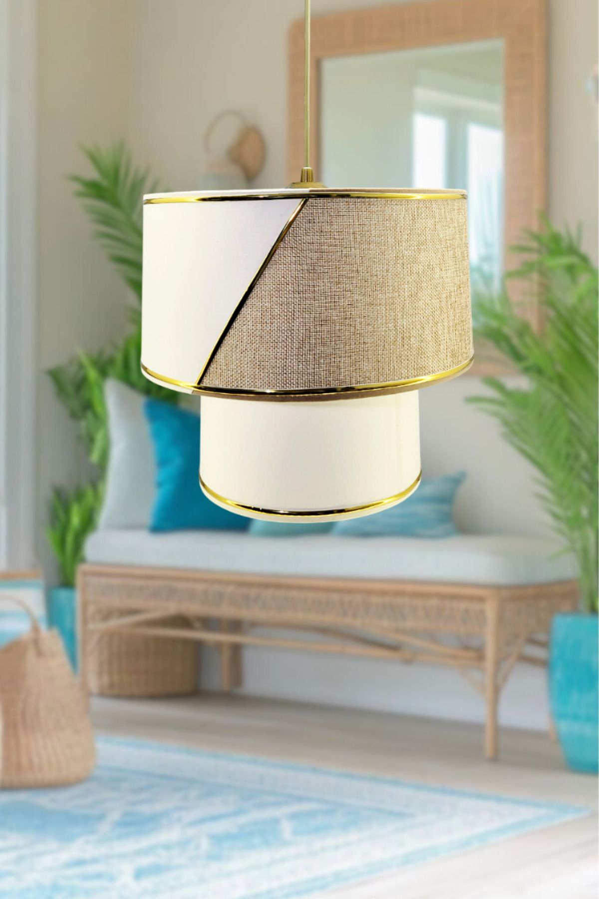 Decodelight Keten Kahve - Açık Krem Kumaşlı Gold Şeritli Özel Tasarım Pasta Model Tekli Sarkıt Avize Aydınlatma