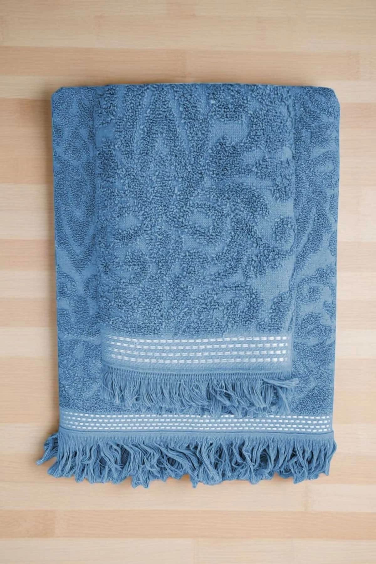 Mira Home 2 Parça Jakarlı Banyo Havlu Takımı %100 Pamuklu 90x150 Cm Arden Mavi