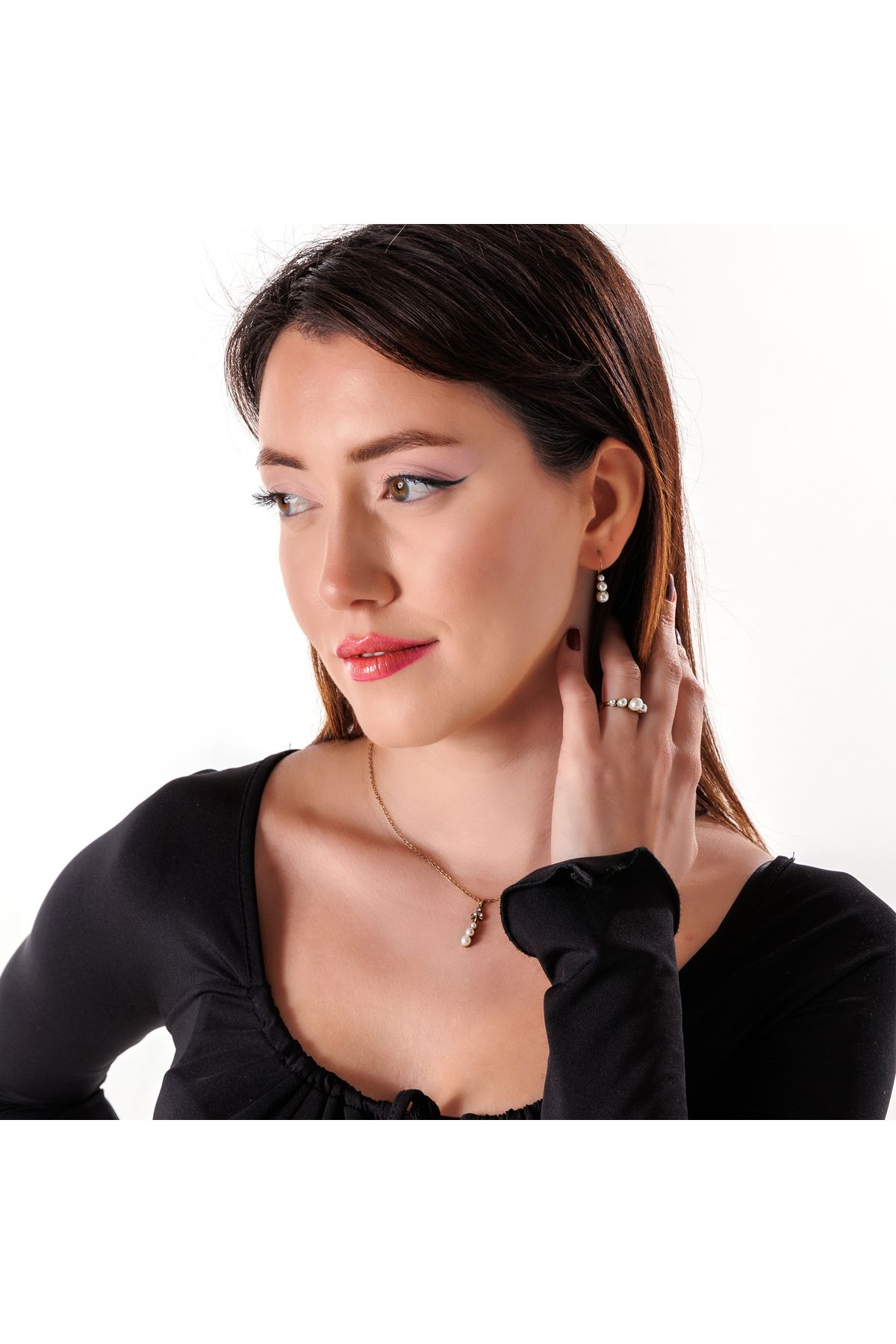 Atelier LEO Handmade Jewellery TRİA HARMONİSİ İNCİ TAKIM YÜZÜK NO:6 BAKIR EL YAPIMI KARARMA YAPMAZ KADIN TAKI SETİ