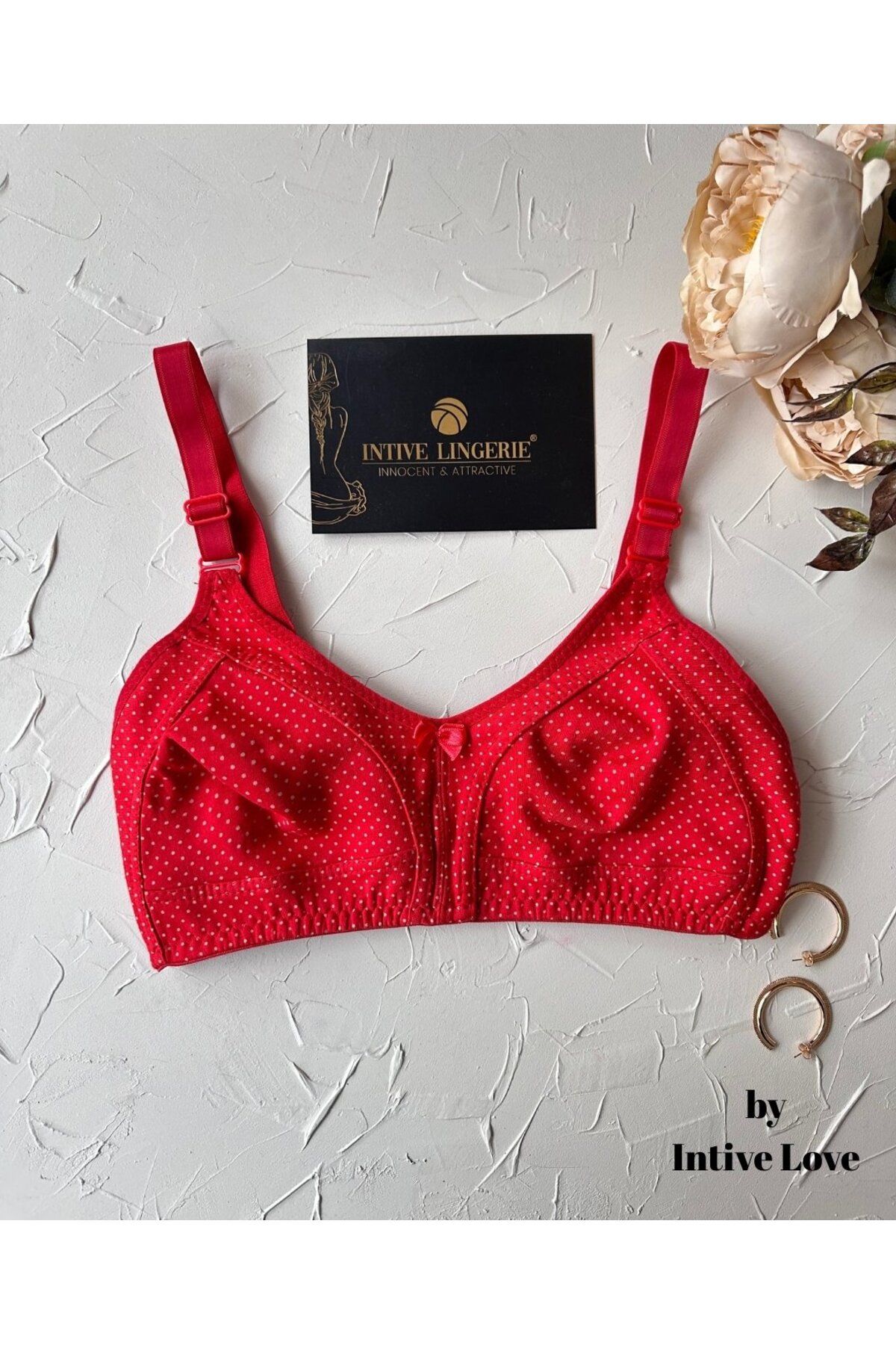 İntive Lingerie Liza Puantiye Desenli Pamuklu Penye Kalın Askılı Toparlayıcı Balensiz Desteksiz Rahat Sütyen