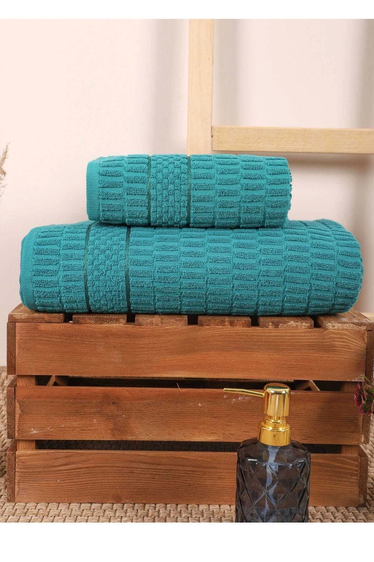 Mira Home 2 Parça Banyo Havlu Takımı %100 Pamuklu Çubuk Desen Yeşil