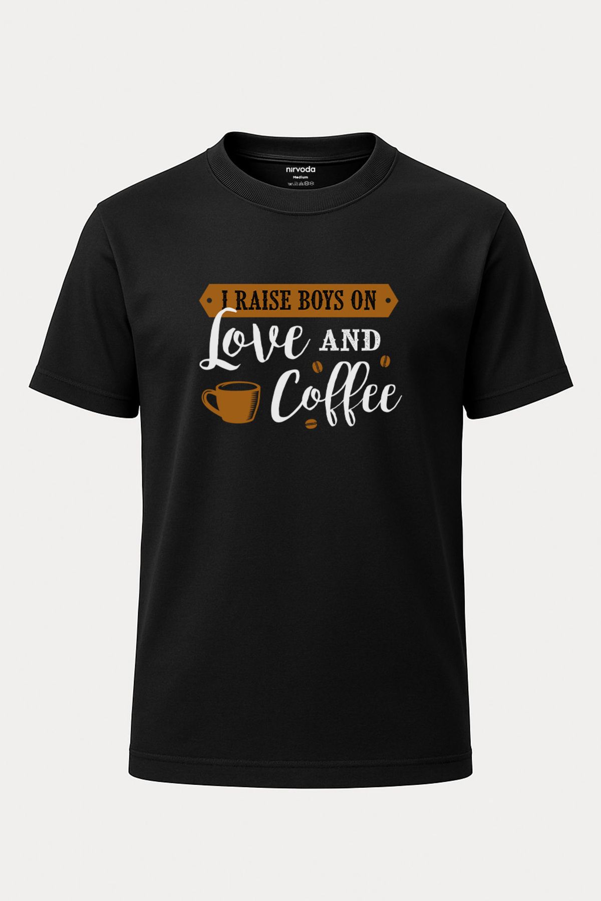 nirvoda Unisex Love Coffee Kahve Baskılı Siyah Tişört - Uzun T-shirt