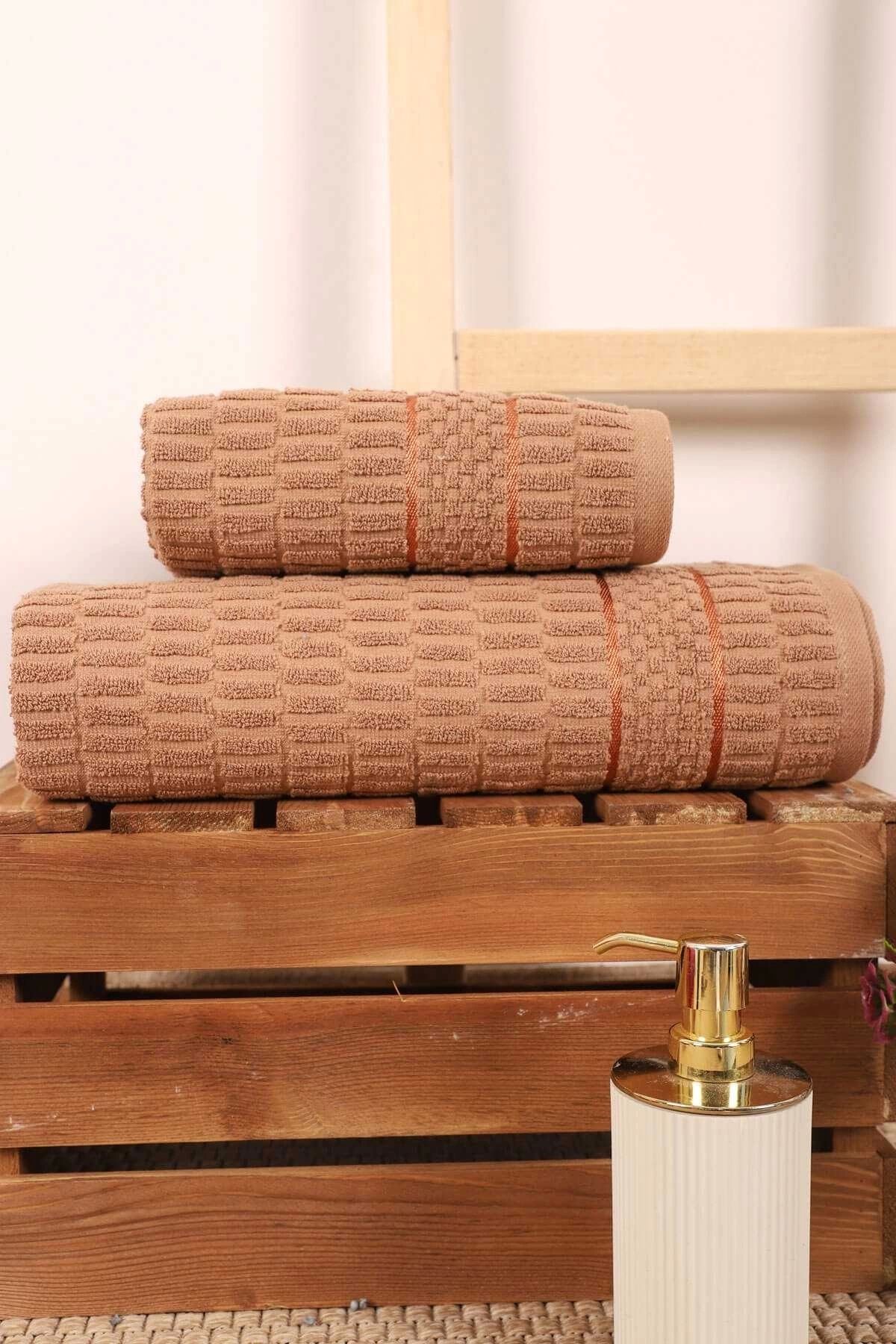 Mira Home 2 Parça Banyo Havlu Takımı %100 Pamuklu Çubuk Desen Kahverengi