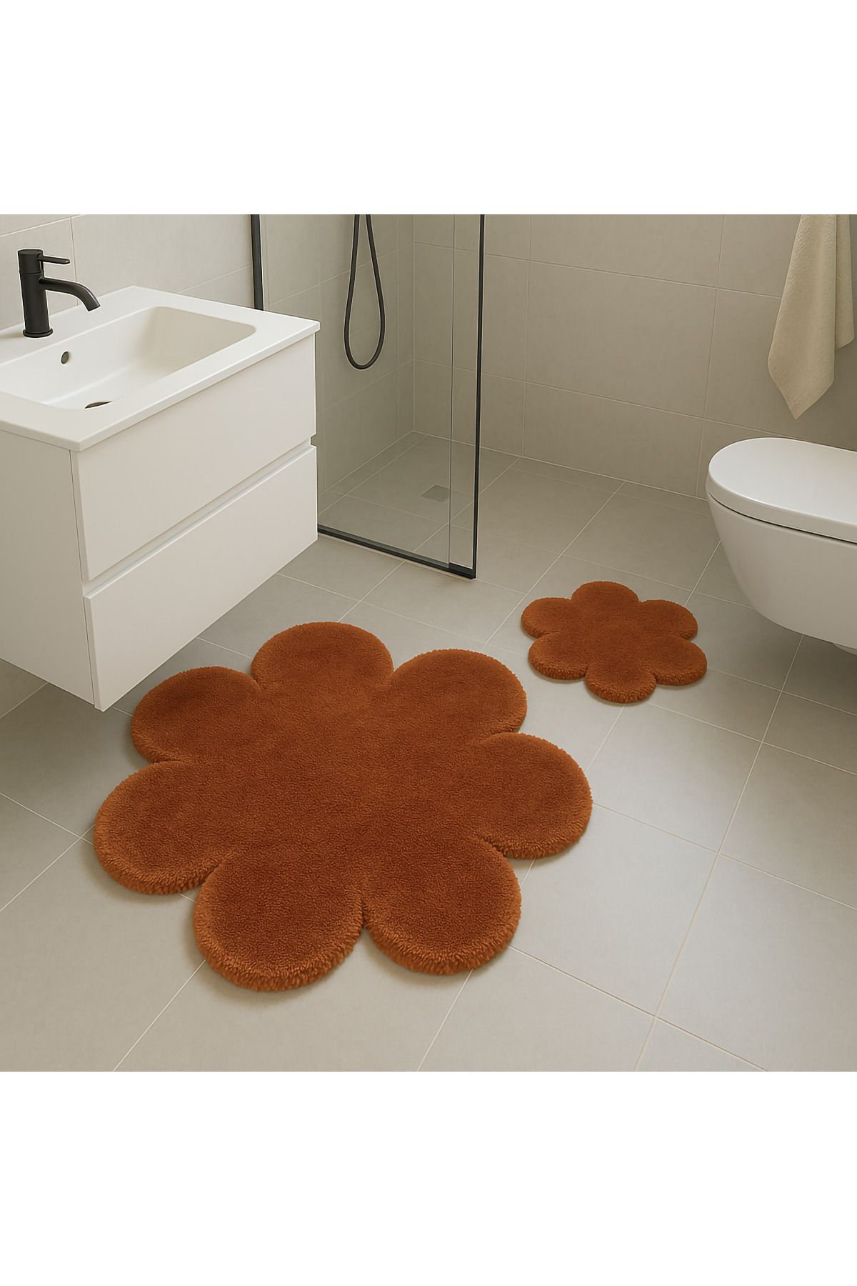 Paco Home Çiçek Desenli Kremit Yumuşak Salon Halısı Modern Minimalist Dekoratif Halı 2'li Set (80x80-60x60)