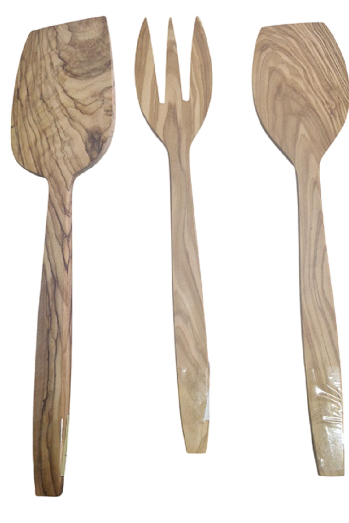 ASAFRİ Zeytin Ağacı Ahşap Set. Spatula Büyük 30 cm & Spatula Orta 28 cm & Çatal 28 cm