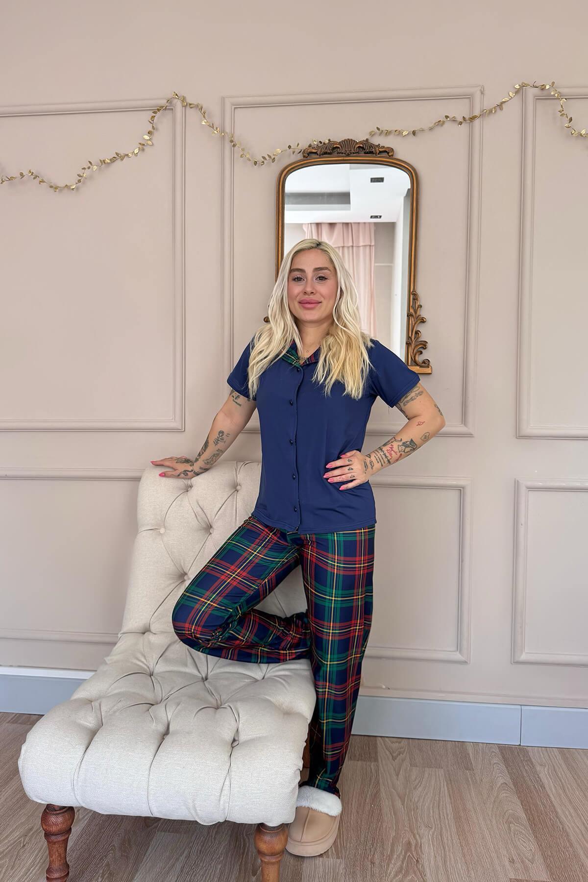 Pijamaevi-Navy Tartan Exclusive Front Buttoned Women's Pajama Set 6