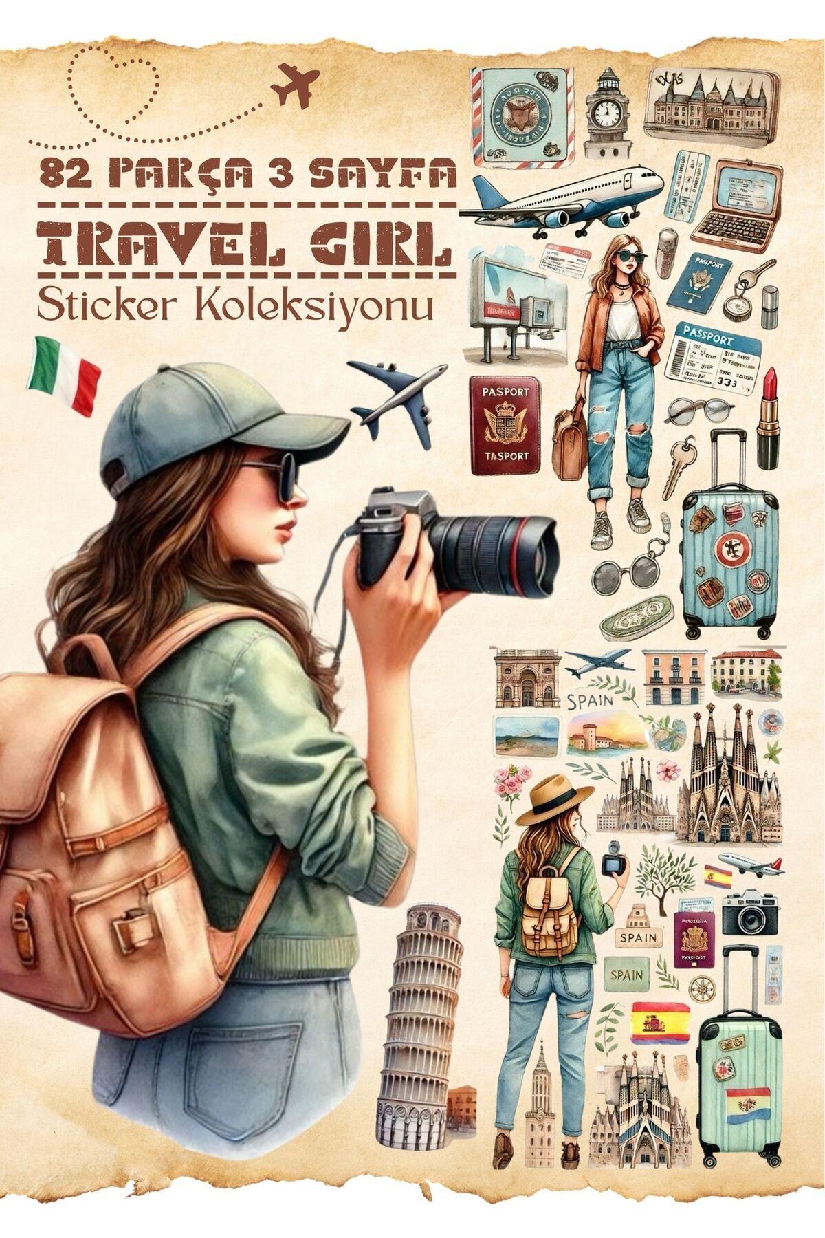 alışveriş kurdu Travel Girl Sticker Seti 82 Parça - Planner Ajanda Scrapbook Bullet Journal Sticker Etiket Seti