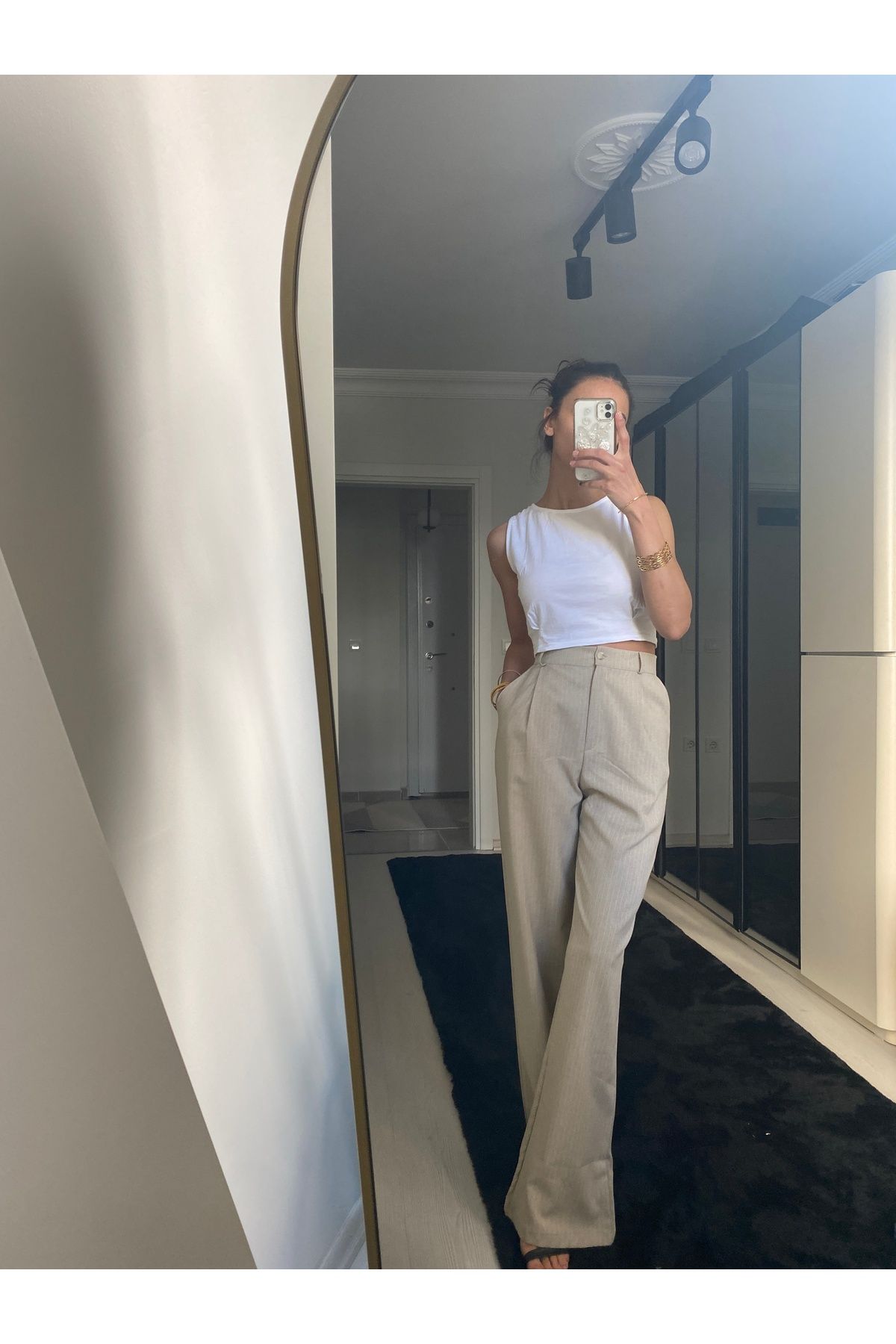 Üda Boutique Bej çizgili Palazzo pantolon