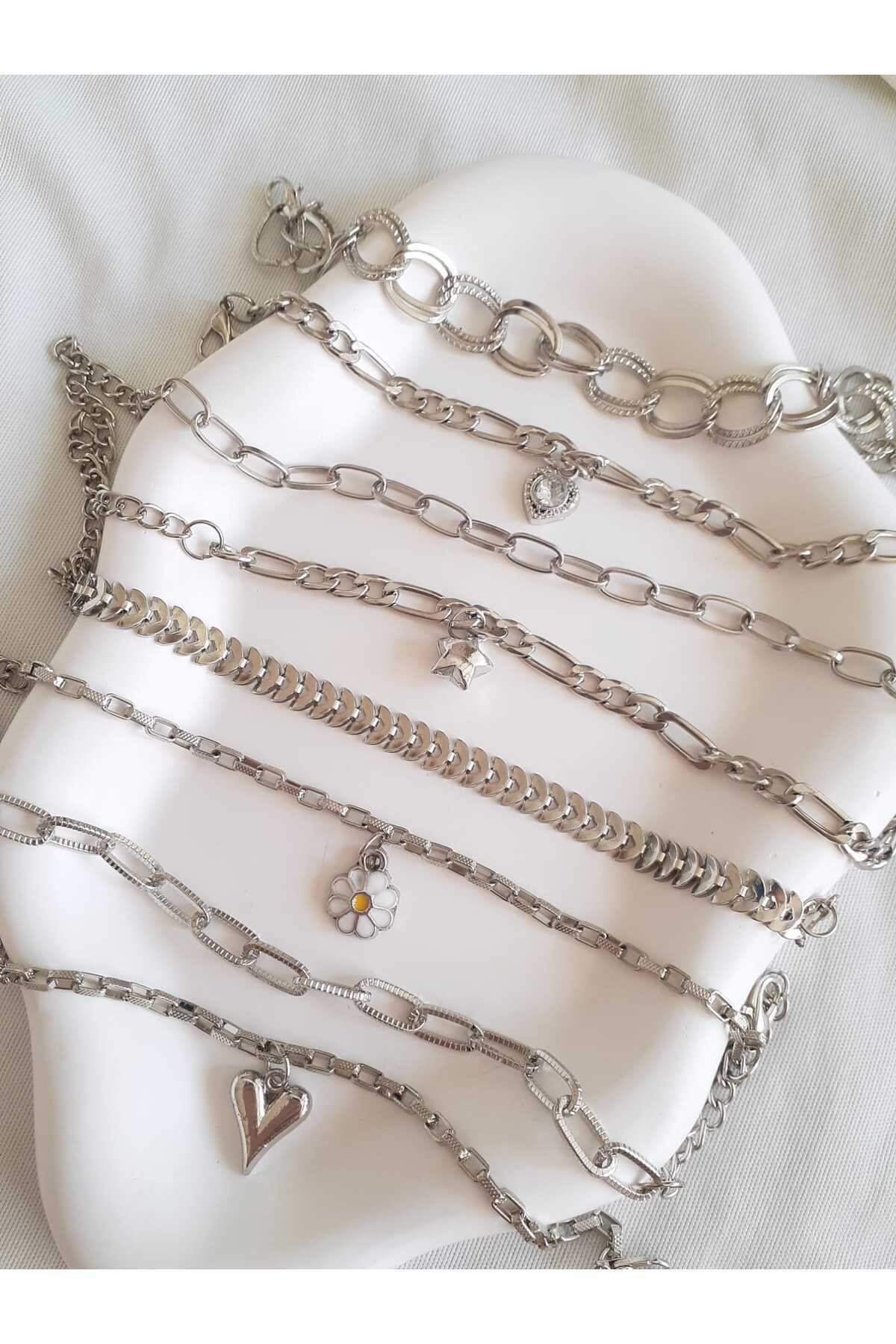 bijoux uniques  kalp&yıldız&papatya figürlü 8 adet Gümüş kaplama Bileklik Seti - Görsel 4
