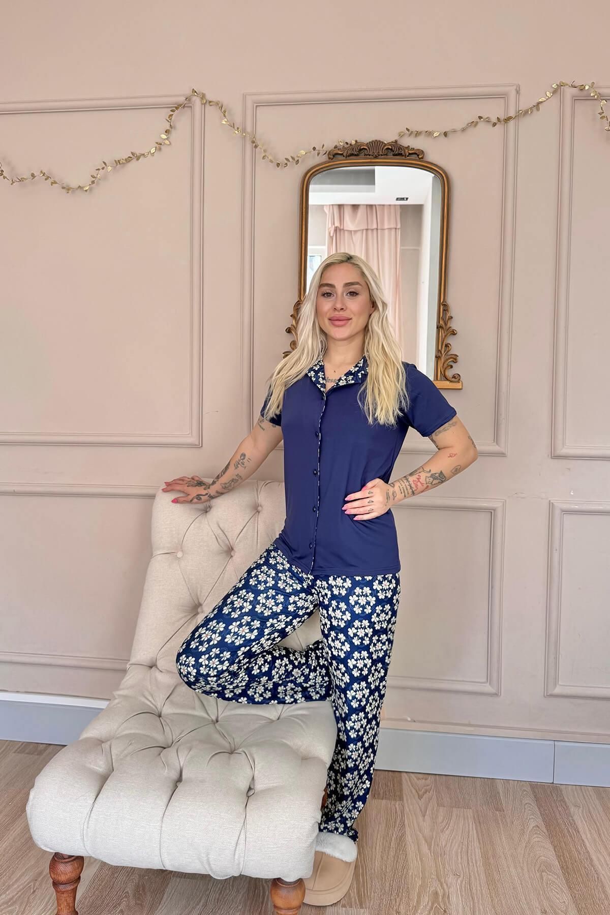 Pijamaevi-طقم بيجامة نسائي بأزرار أمامية حصرية باللون الأزرق الداكن 6