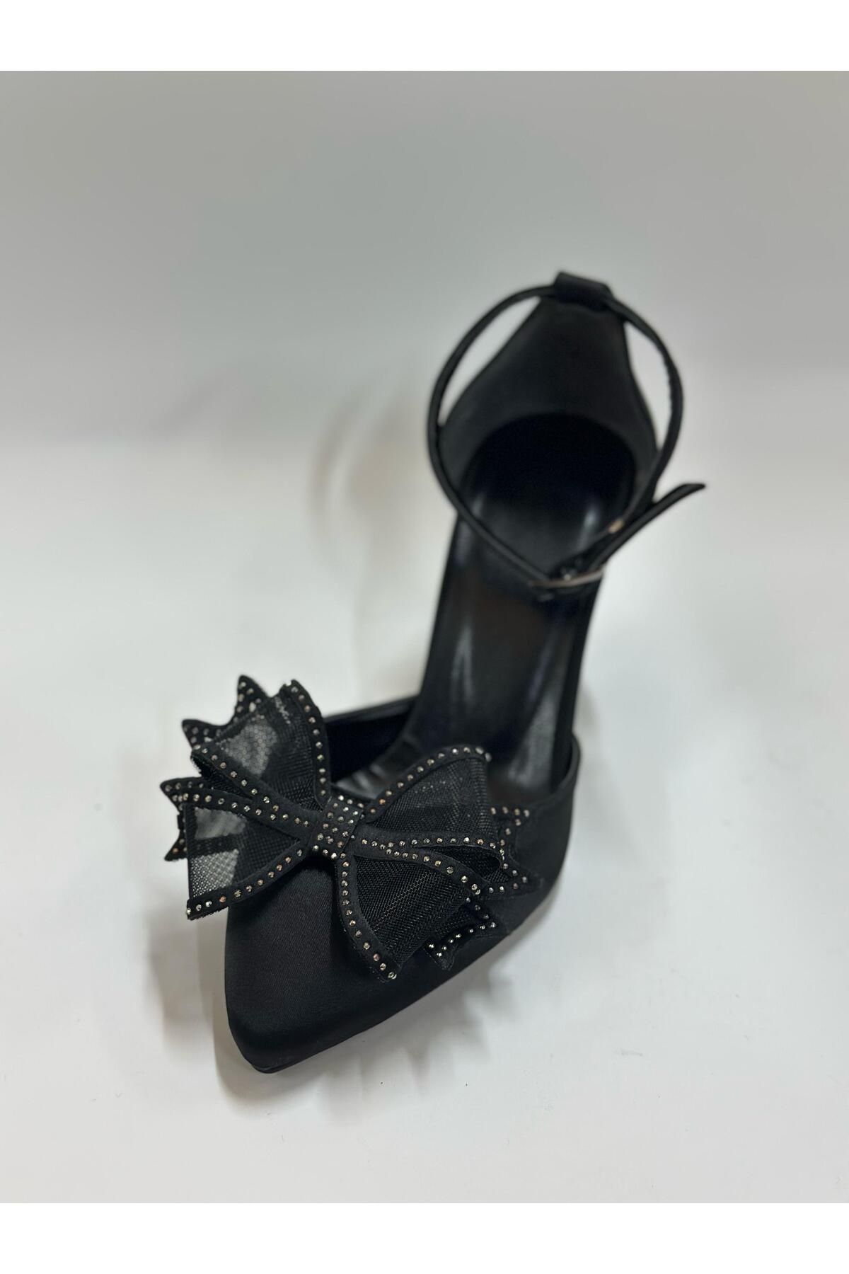 LINASHOES07 Siyah Saten Taşlı Tül Fiyonklu Şık Abiye Topuklu Ayakkabı