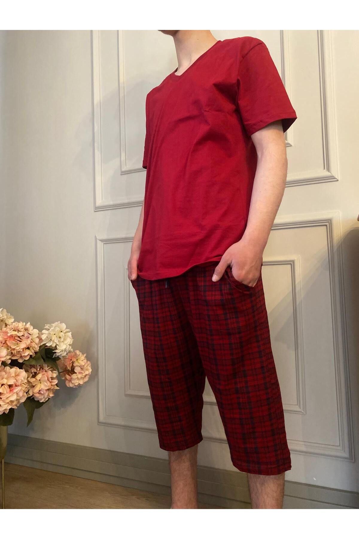 DÜVEN Regular Fit Kısa Kollu V Yaka Kapri Pijama Takımı - Doğal %100 Pamuk