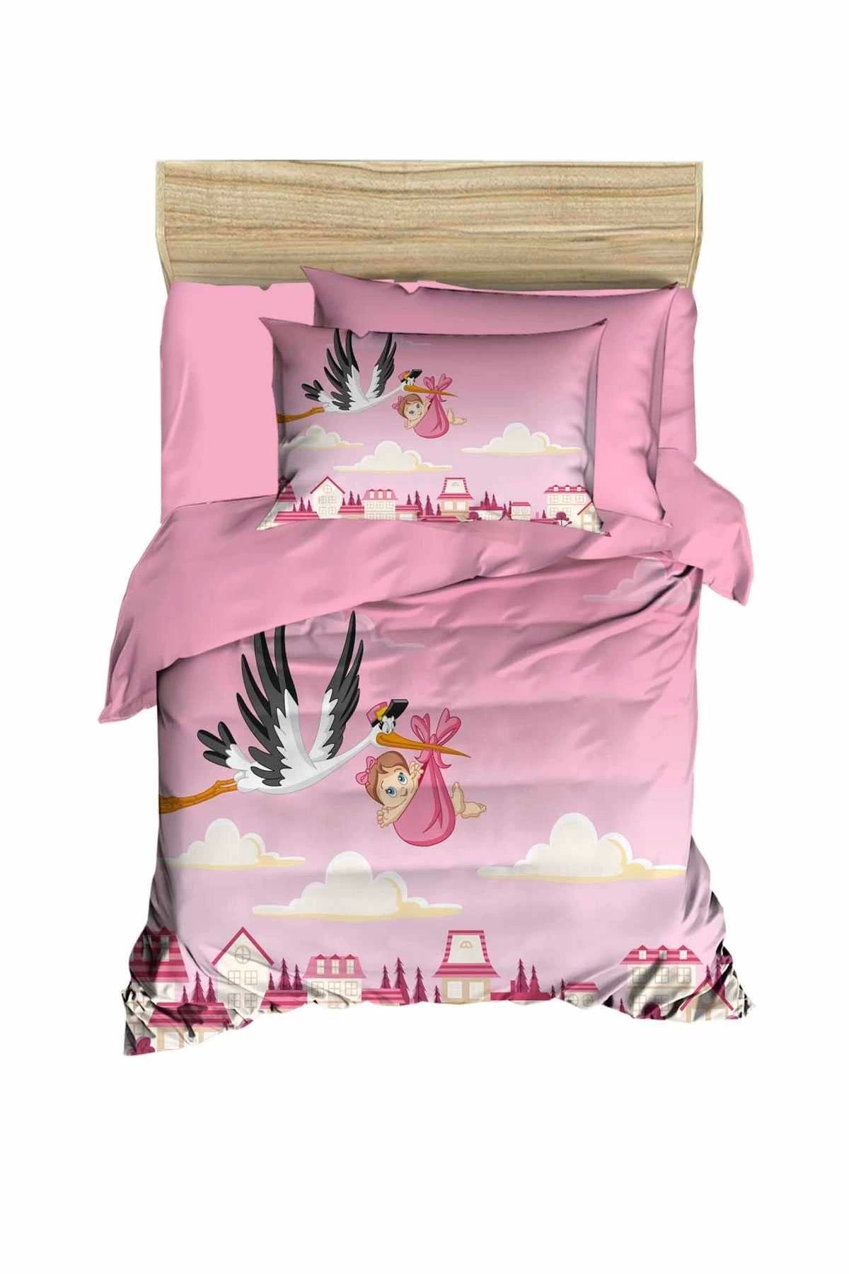 Mira Home Yenidoğan Kız Bebek Nevresim Takımı %100 Pamuklu Leylek