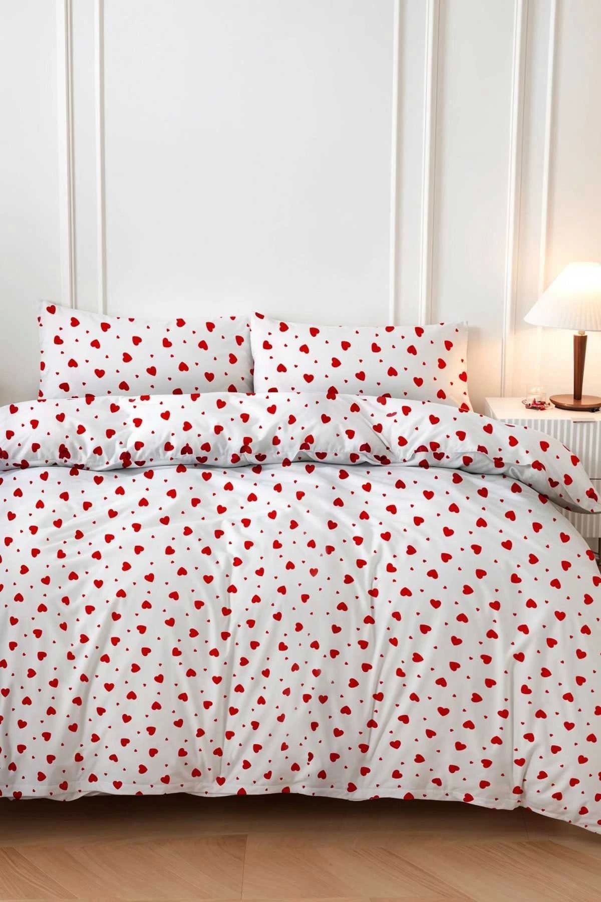 Mira Home Kırmızı Kalpli Çift Kişilik Nevresim Takımı Pamuklu 180x200 Cm