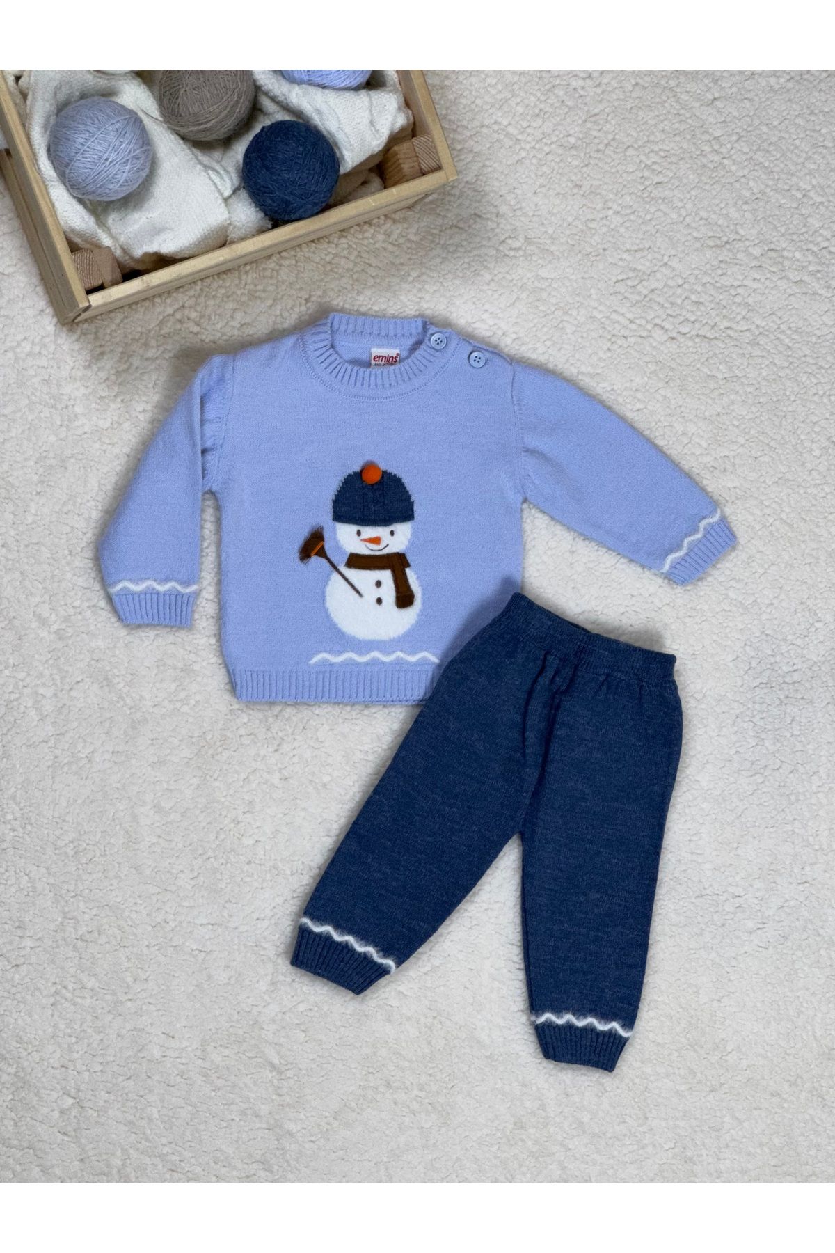 E&S EMİN'S emins Triko Erkek Bebek Sevimli Kardan Adam Süs Detaylı Desenli Üst Beli Lastikli Pantolon Takım