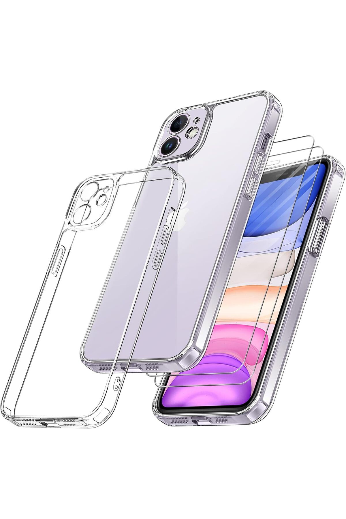 Rivor Apple iPhone 11 Uyumlu Kılıf Kamera Çıkıntılı Şeffaf İnce Silikon Kapak + 9H Ekran Koruyucu Set